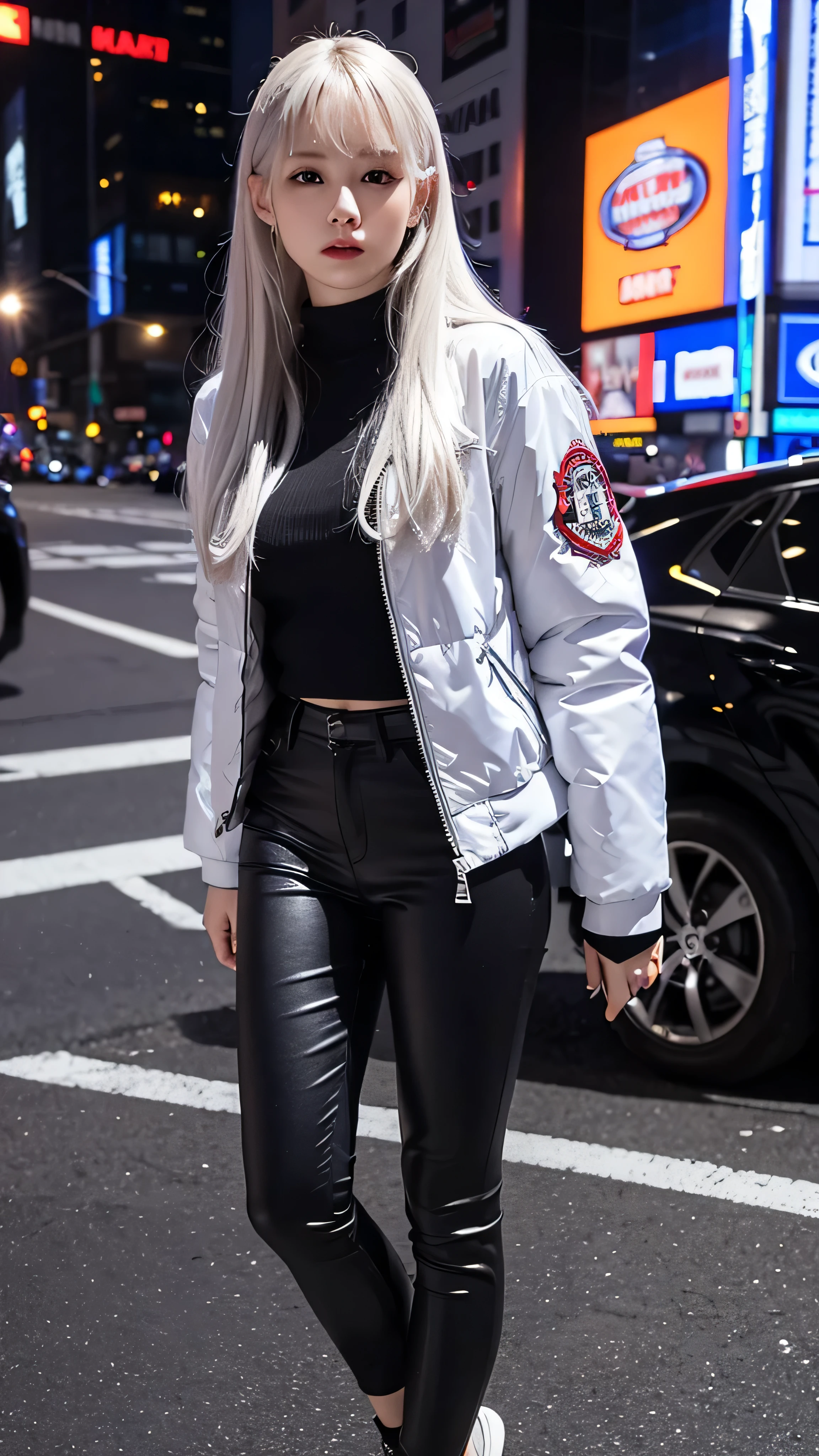 photo of S4r4Cr0c3_HM-135, a woman, perfect hair, (modern photo), wearing puffy jacket, t-shirt, jeans, 150mm standard (analog, cinematic, film grain:1.3), Future Metropolis, Sprawling cityscape of towering skyscrapers, advanced transport, and holographic tech., detailed eyes, professional pose, (epiCPhoto), (looking at viewer:1.1), (cinematic shot:1.3), (natural style lighting), OverallDetail
