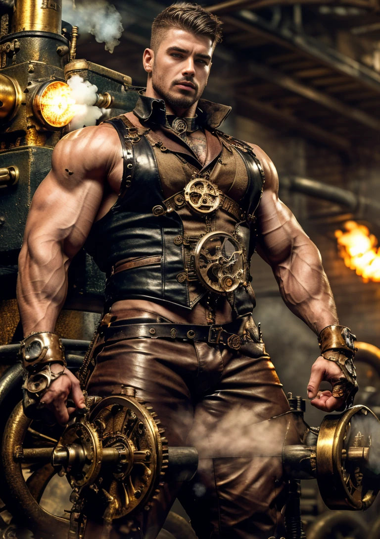 ((Masterpiece, High Quality)), Best Quality, highly detailed , ultrarealistic , cinematic ,realistic , photorealistic realistic eyes, intricate details, detailed background, depth of field, dynamic pose, dynamic angle ,male focus ,muscled man (1.0) ,handsome (detailed face) ,Young Arafed muscular chiseled very handsome man , (( steam4rmor,A muscular bodybuilder ,He's so muscular that he almost tears his clothes off.(1.0), veins on his arms , attractive tattooed man dressed in a detailed steampunk vest not covering his chest and abs(1.0), showing his muscled body with tattoos(1.0) ,The outfit includes leather straps, brass gears , a vest, and metallic accents. The man has a confident and alluring pose, with a mysterious expression. The background features an industrial steampunk setting with steam pipes, machinery, and a warm, vintage dark atmosphere , highly detailed, , detail face, tool enhancer ,slider 1.0)), realistic, masterpiece, intricate details, detailed background, depth of field, photo of a man ,looking like courage , ((light bokeh)) , highlighting the strong muscle lines , symbol of strength. Perspective and perspective: shooting from a low angle , highlighting the height and majesty of men. Or use a side perspective to show the posture and tattoo of a men.