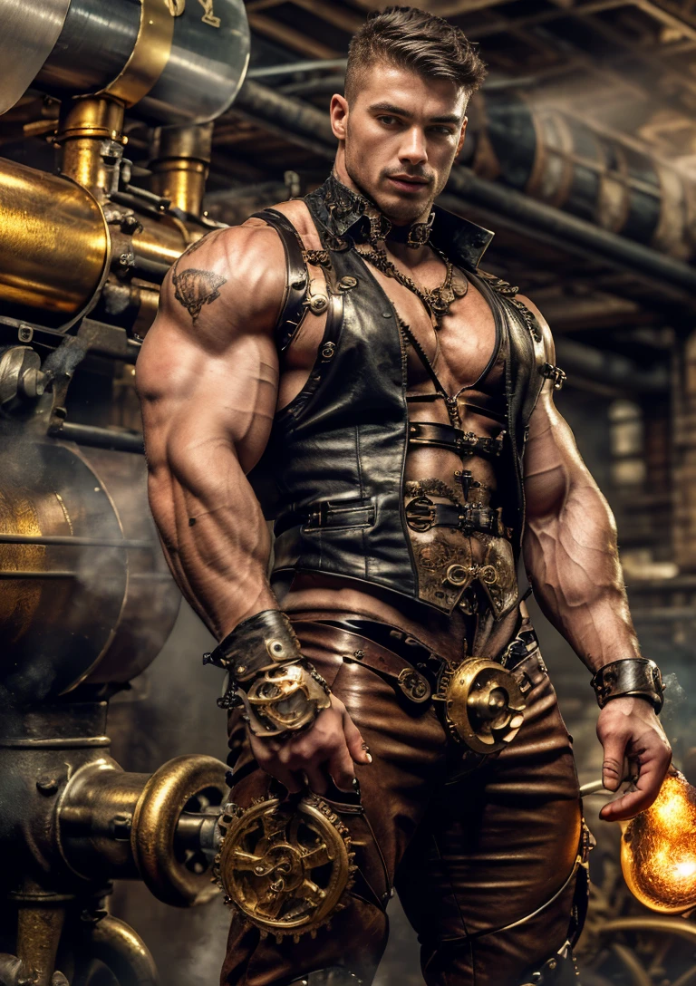 ((Masterpiece, High Quality)), Best Quality, highly detailed , ultrarealistic , cinematic ,realistic , photorealistic realistic eyes, intricate details, detailed background, depth of field, dynamic pose, dynamic angle ,male focus ,muscled man (1.0) ,handsome (detailed face) ,Young Arafed muscular chiseled very handsome man , (( steam4rmor,A muscular bodybuilder ,He's so muscular that he almost tears his clothes off.(1.0), veins on his arms , attractive tattooed man dressed in a detailed steampunk vest not covering his chest and abs(1.0), showing his muscled body with tattoos(1.0) ,The outfit includes leather straps, brass gears , a vest, and metallic accents. The man has a confident and alluring pose, with a mysterious expression. The background features an industrial steampunk setting with steam pipes, machinery, and a warm, vintage dark atmosphere , highly detailed, , detail face, tool enhancer ,slider 1.0)), realistic, masterpiece, intricate details, detailed background, depth of field, photo of a man ,looking like courage , ((light bokeh)) , highlighting the strong muscle lines , symbol of strength. Perspective and perspective: shooting from a low angle , highlighting the height and majesty of men. Or use a side perspective to show the posture and tattoo of a men.
