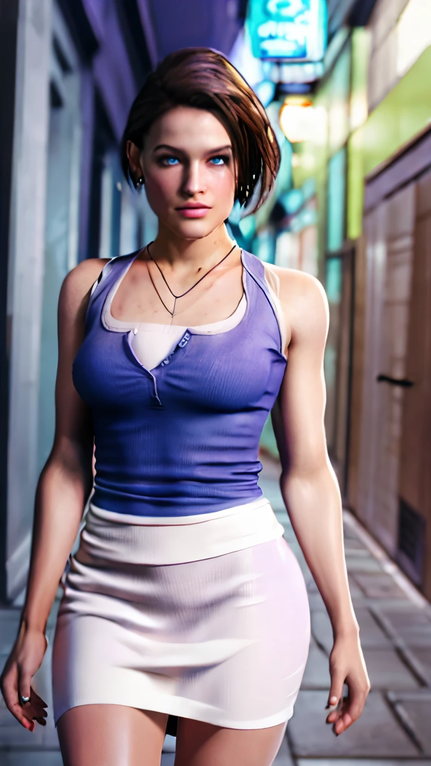 Jill Valentine wearing Purple Blouse and White Skirt