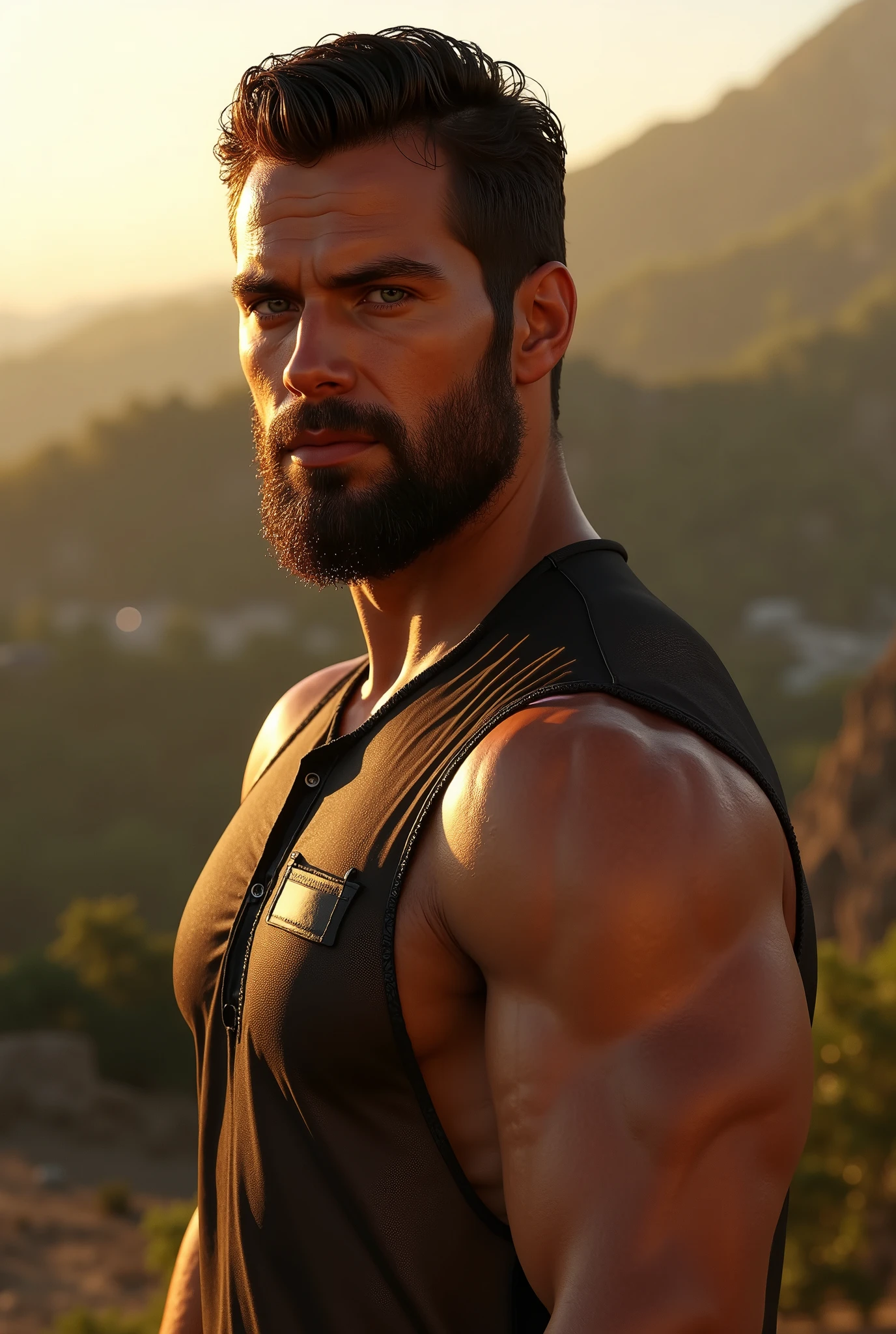 h3nr4, muscular man, handsome, stubble beard, transparent shirt, detailed facial features, chiseled jawline, piercing eyes, dramatic lighting, cinematic composition, hyper-realistic, photorealistic, 8k, high quality, unreal engine, cinematic lighting, dramatic lighting, moody atmosphere, realistic skin texture, glowing skin, beautiful background, serene nature landscape, golden hour lighting
