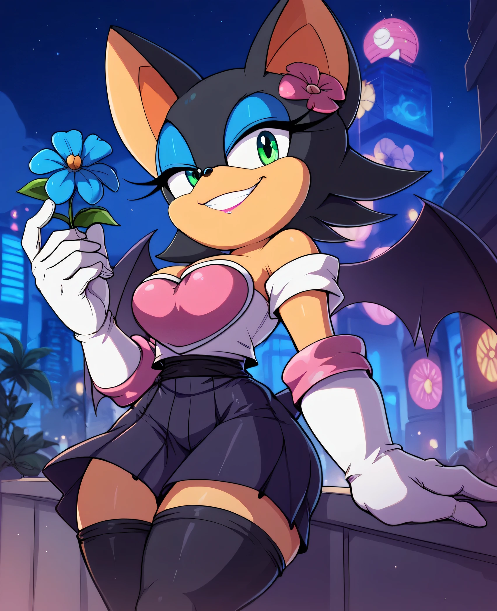 Rouge the bat hairy woman ,Alone ,point_ warning _chica, short hair,black sash,white gloves,flower, hair ornament, green eyes,senos medianos , black tights , big thighs,,serafuku, short skirt ,falda rosa, smile,watching the spectator alone in the city,(Shantae_StyloAI :0.7), large back ,Senos grandes, in the background a city with lots of lights , skylights . at night