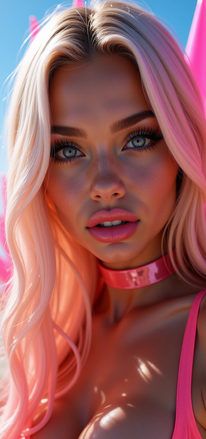 8K, Best Quality, Masterpiece, Ultra High Resolution, (Realism: 1.4), Original Photo, (Realistic Skin Texture: 1.3), (Film Grain: 1.3), (Selfie Angle), 1 Girl, Pink Clothes, Sapphire Color Eyes and Beautiful Face Details, Masterpiece, Best Quality, Close-up, Upper Body Highest Quality Picture Quality Pull-up