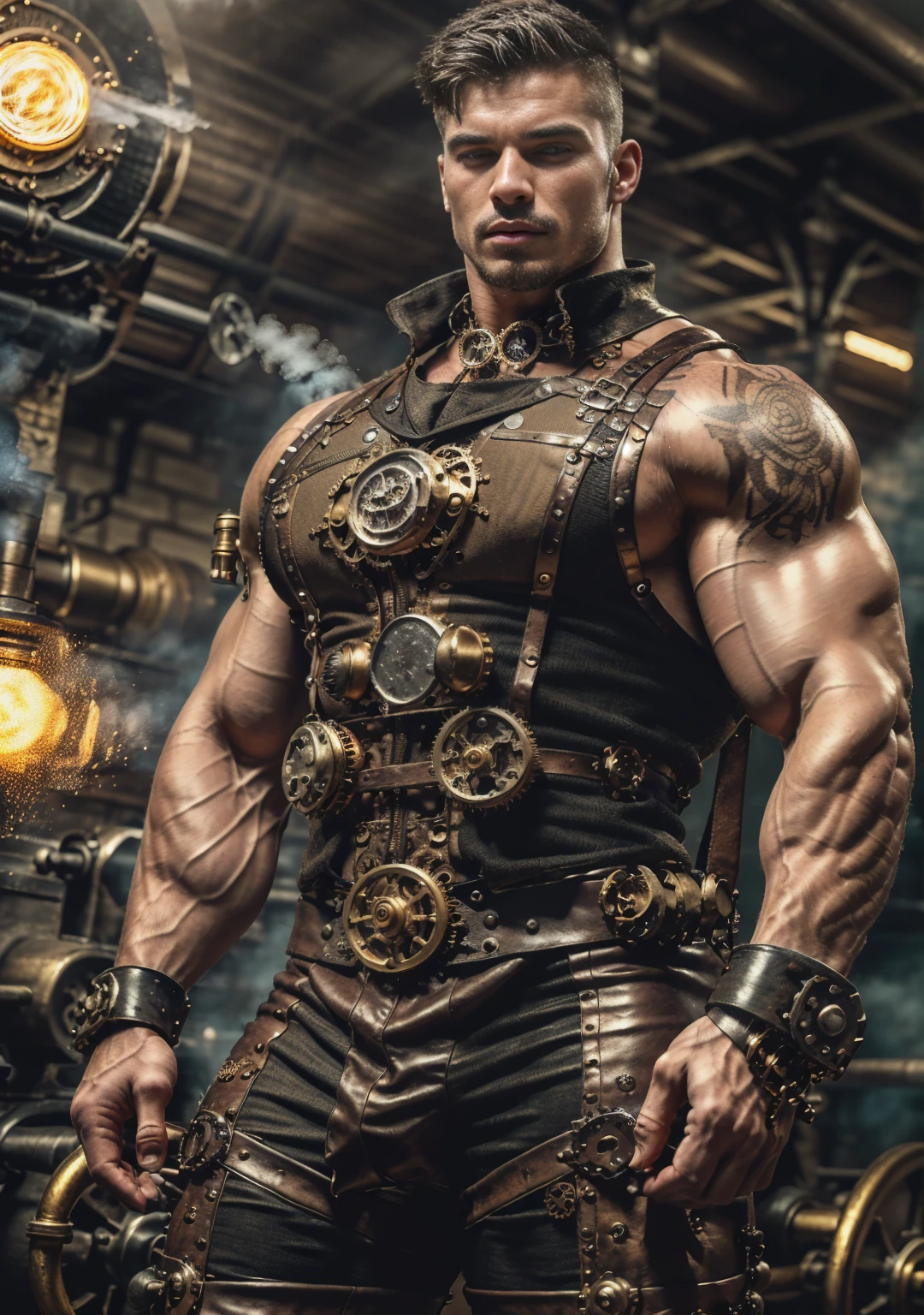 ((Masterpiece, High Quality)), Best Quality, highly detailed , ultrarealistic , cinematic ,realistic , photorealistic realistic eyes, intricate details, detailed background, depth of field, dynamic pose, dynamic angle ,male focus ,muscled man (1.0) ,handsome (detailed face) ,Young Arafed muscular chiseled very handsome man , (( steam4rmor,A muscular bodybuilder ,He's so muscular that he almost tears his clothes off.(1.0), veins on his arms , attractive tattooed man dressed in a detailed steampunk vest not covering his chest and abs(1.0), showing his muscled body with tattoos(1.0) ,The outfit includes leather straps, brass gears , a vest, and metallic accents. The man has a confident and alluring pose, with a mysterious expression. The background features an industrial steampunk setting with steam pipes, machinery, and a warm, vintage dark atmosphere , highly detailed, , detail face, tool enhancer ,slider 1.0)), realistic, masterpiece, intricate details, detailed background, depth of field, photo of a man ,looking like courage , ((light bokeh)) , highlighting the strong muscle lines , symbol of strength. Perspective and perspective: shooting from a low angle , highlighting the height and majesty of men. Or use a side perspective to show the posture and tattoo of a men.