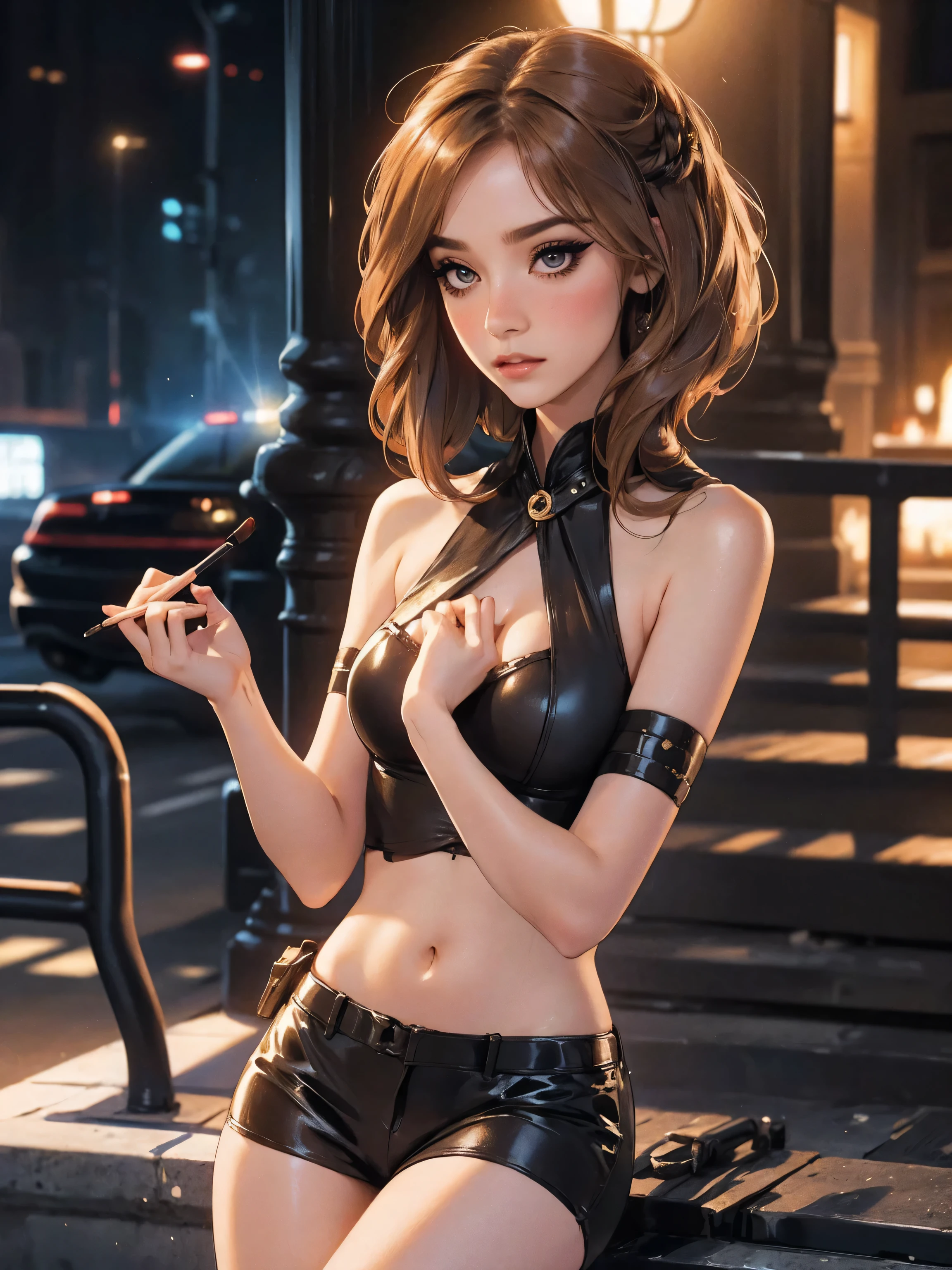 age girl-model 1, (only 1 girl), beautiful, golden brown hair, (shoulder length hair), , short glossy hair, pretty eyes, beautiful figure, beautiful long legs, , top quality, highest quality, pin-up style, (((sexy police uniform,))), , dark makeup, small brests, skinny, slender body, ((mascara, eyeliner, nose blush))),, ninjartist style