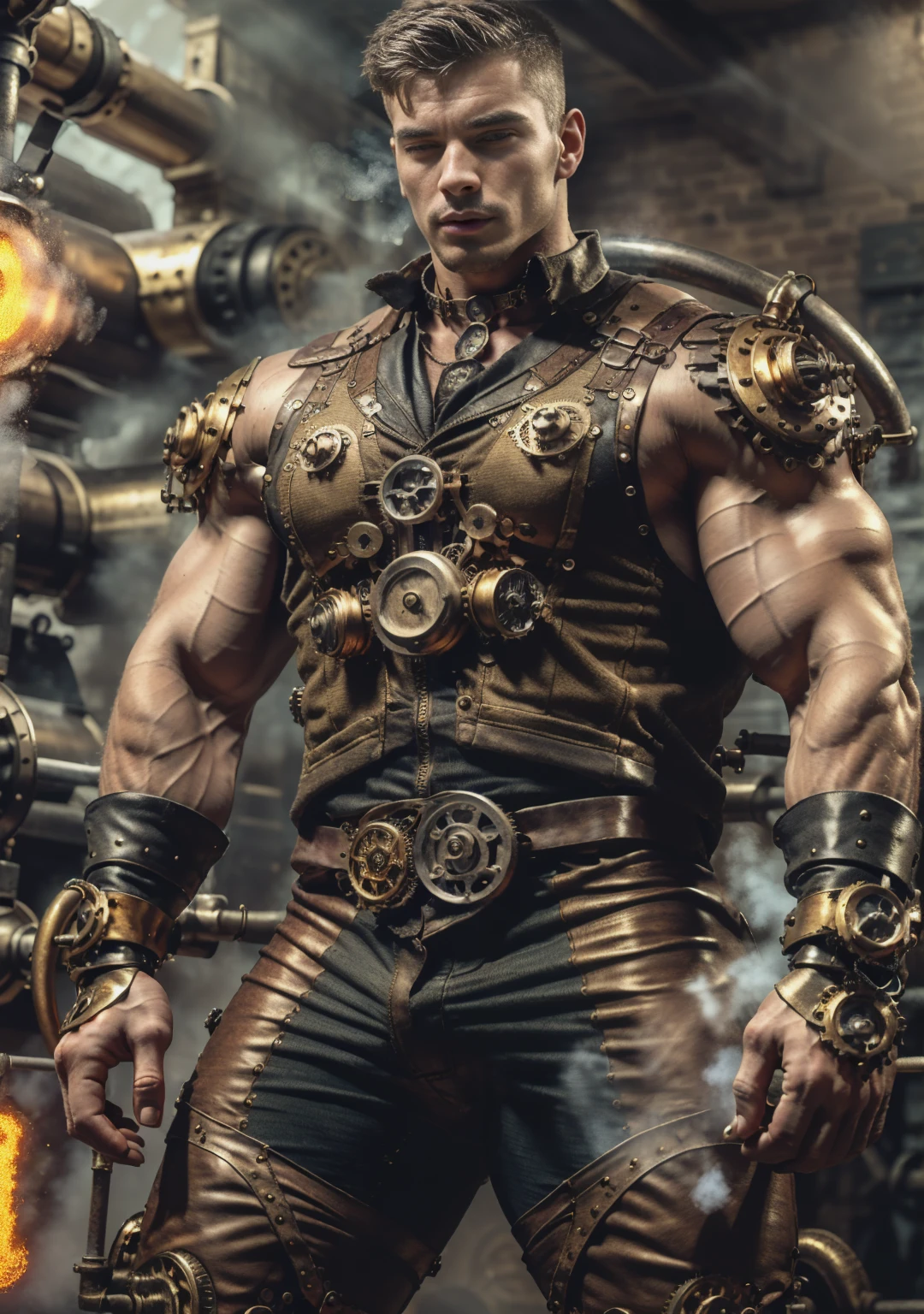 ((Masterpiece, High Quality)), Best Quality, highly detailed , ultrarealistic , cinematic ,realistic , photorealistic realistic eyes, intricate details, detailed background, depth of field, dynamic pose, dynamic angle ,male focus ,muscled man (1.0) ,handsome (detailed face) ,Young Arafed muscular chiseled very handsome man , (( steam4rmor,A muscular bodybuilder (1.0), veins on his arms , attractive tattooed man dressed in a detailed steampunk vest not covering his chest and abs(1.0), showing his muscled body with tattoos(1.0) ,The outfit includes leather straps, brass gears , a vest, and metallic accents. The man has a confident and alluring pose, with a mysterious expression. The background features an industrial steampunk setting with steam pipes, machinery, and a warm, vintage dark atmosphere , highly detailed, , detail face, tool enhancer ,slider 1.0)), realistic, masterpiece, intricate details, detailed background, depth of field, photo of a man ,looking like courage , ((light bokeh)) , highlighting the strong muscle lines , symbol of strength. Perspective and perspective: shooting from a low angle , highlighting the height and majesty of men. Or use a side perspective to show the posture and tattoo of a men.