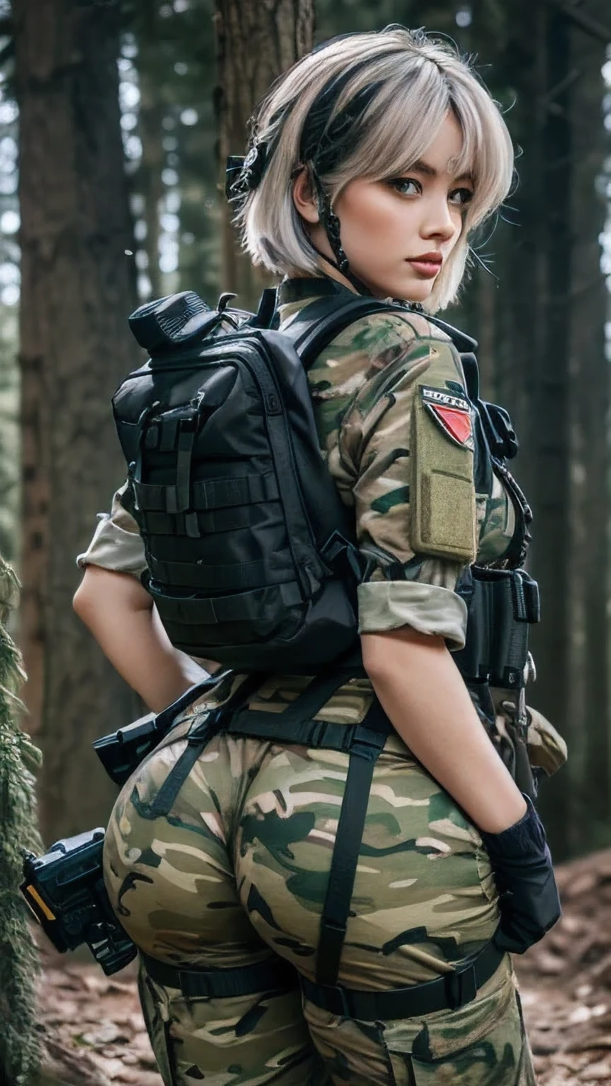 a contractor girl, Japanese and Russian facial features, white french bob haircut, embarrassed, riding a women, on top of each other, pulling down his pants, full of too much large pubic hair in vagina and anus, wearing full equip militar camouflage, chest rig tactical vest, ballistic helmet with face shield, fully dressed, with a large military backpack, sweaty body, voluptuous body, focusing on her ass, mega exaggeratedly inflated hips, large hips and extra big ass, hips too large and wide, monster ass glued to the screen, slim waist, behind, very close up, in forest,