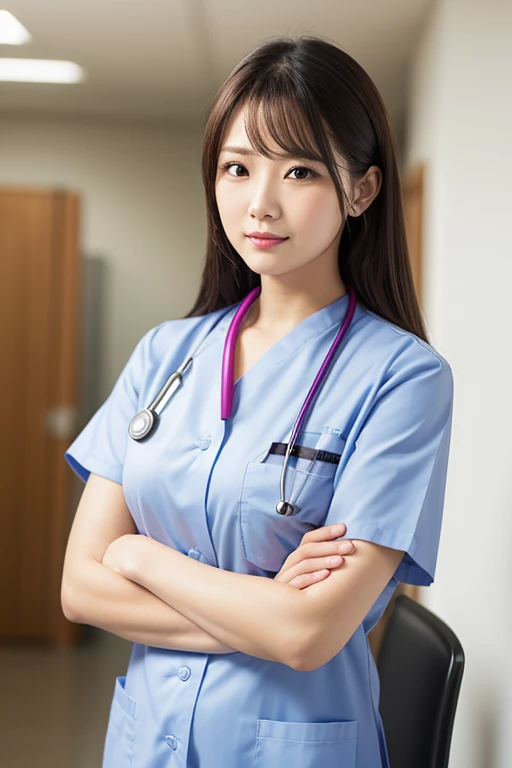 ulzzang-6500-v1.1,(masterpiece, highest quality:1.3), (Ultra-detailed 8K:1.2), (hyperrealistic:1.35),(Raw photo:1.2),highest quality, High resolution, wallpaper, realistic, (dramatic, Realistic painting art by Midjourney:1.3) BREAK (1 nurse, 20yo, white nurse uniform、Basic Nurse Cap,short white tight skirt:1.3), super beautiful, beautiful skin, beautiful and detailed eyes, detailed face, Perfect style,Photo seen diagonally from above,Take a photo from above,Look at me with a smile,looking at camera,look at the camera,Treatment room in a hospital room,Take photos from up close to her,big breasts,very detailed face、Put the stethoscope around your neck,double eyelid、White and clean teeth,brown eyes,chest strengthening,emphasize body line,smile at me lovingly、beautiful lips,glossy lips,white teeth, BREAK Detailed background of the hospital room,perfect lighting、Natural light,natural soft light