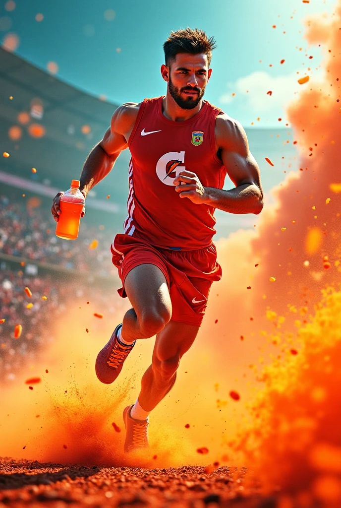 Imagine a vibrant advertising poster for an isotonic drink called "Energize Plus". En el centro de la imagen, there is an athlete in full action, like a runner in the home stretch of a marathon. The athlete, a young man in excellent physical shape, is sweating heavily, with an expression of determination and focus, Correndo em alta velocidade. He wears modern, tight-fitting sportswear., black in color, that contrast with the dark background of the image.
Next to the corridor, in the spotlight, there is a bottle of "Energize Plus" only that "Energize Plus" written on it, clear with bright orange liquid, radiating energy and vitality. The bottle looks almost illuminated, with drops of water running down the outside, conveying the idea of freshness.
The background is dark, with colors ranging from black to gray, making the vibrant colors of the isotonic and the athlete stand out. There is an explosion of colors, as orange, yellow and green, radiating from the bottle, symbolizing the revitalization and energy that the product offers.