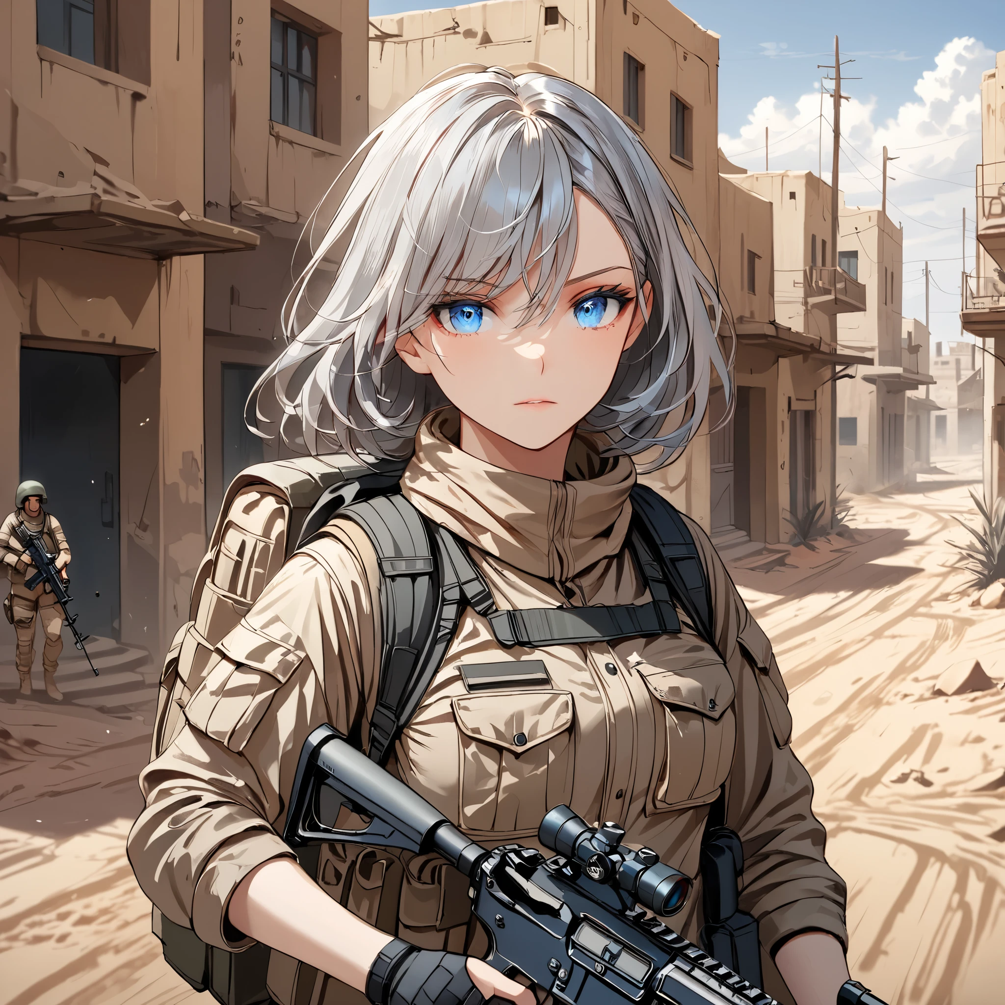 Adult_Female_Soldier, Medium length wavey Grey hair , Blue eyes, Dirty, Desert Military outfit, Backpack, Holding an M4 Assualt Rifle, Desert Town, War