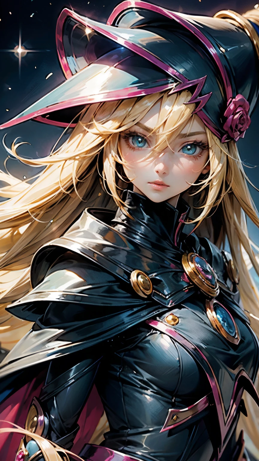 Retrato dark magician girls、、expresión bright、Horse tail、young, Glossy, bright, White skin、cheek highlighting、The best beauty、Clear, silky blonde hair with dazzling highlights、Cabello bright y bright,、Super Long Silky Straight Hair、Flequillo hermoso y bright、Grandes ojos azules brights como joyas brights.、very beautiful pretty pretty girl、wide bust