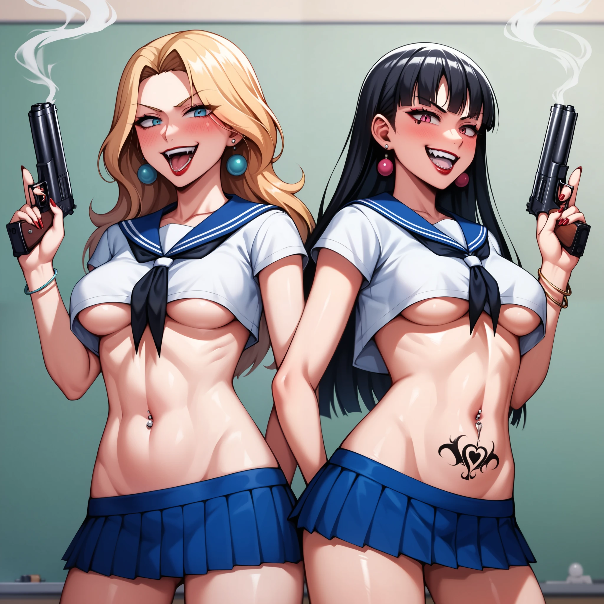 two girl,big breasts,Bikini Tops,hot pants,gloves,smile,boots,Knee-high socks,full body Shot,hand pistol,