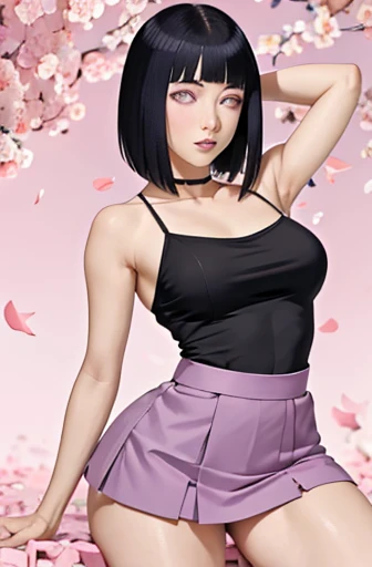 masterpiece, absurdres, hinata\(boruto\), 1girl, solo,mature female, crop top , high waist mini skirt, looking at viewelling petals), perfect composition, detailed lips, big breast, beautiful face, body propotion, blush, (pink lips), long hair,  purple eyes,  soft gaze,  super realistic, detailed, photoshoot, realistic face and body, laying on the floor