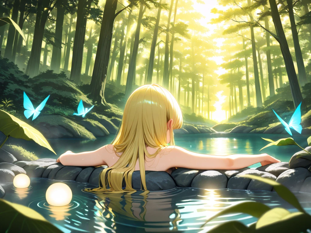 naked woman with long hair takes a bath in the lake anime style, take from front