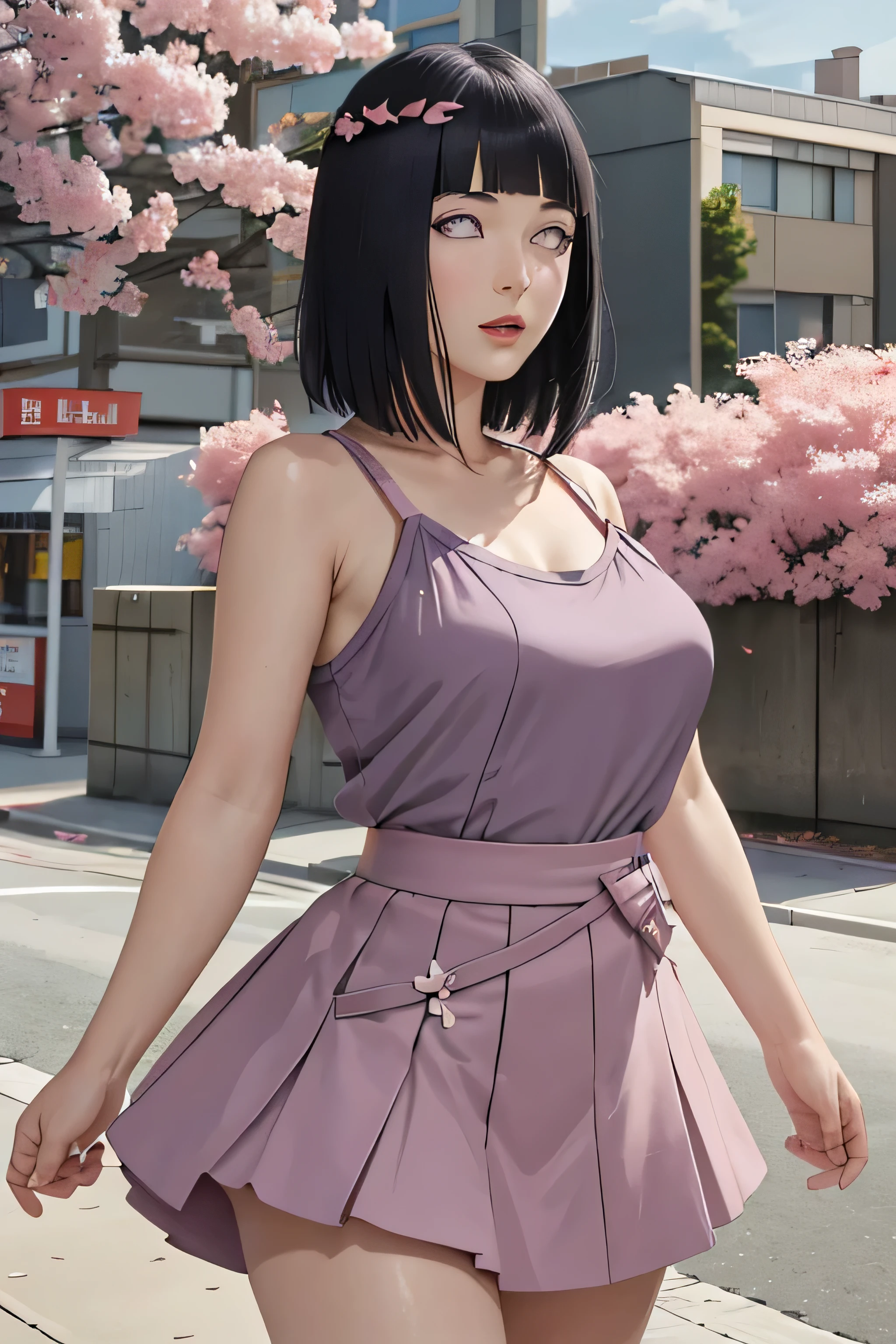 ((1 character))((pantyhose )) ((huge tits))masterpiece, absurdres, hinata\(boruto\), 1girl, ((sexy mini college skirt))solo,mature female, off-shoulder oversized shirt, looking at viewer, (falling petals), perfect composition, detailed lips, beautiful face, body propotion, blush, (pink lips), long hair,  purple eyes,  soft gaze,  super realistic, detailed, photoshoot, realistic face and body, side view,sexual expresion,seductive expresion