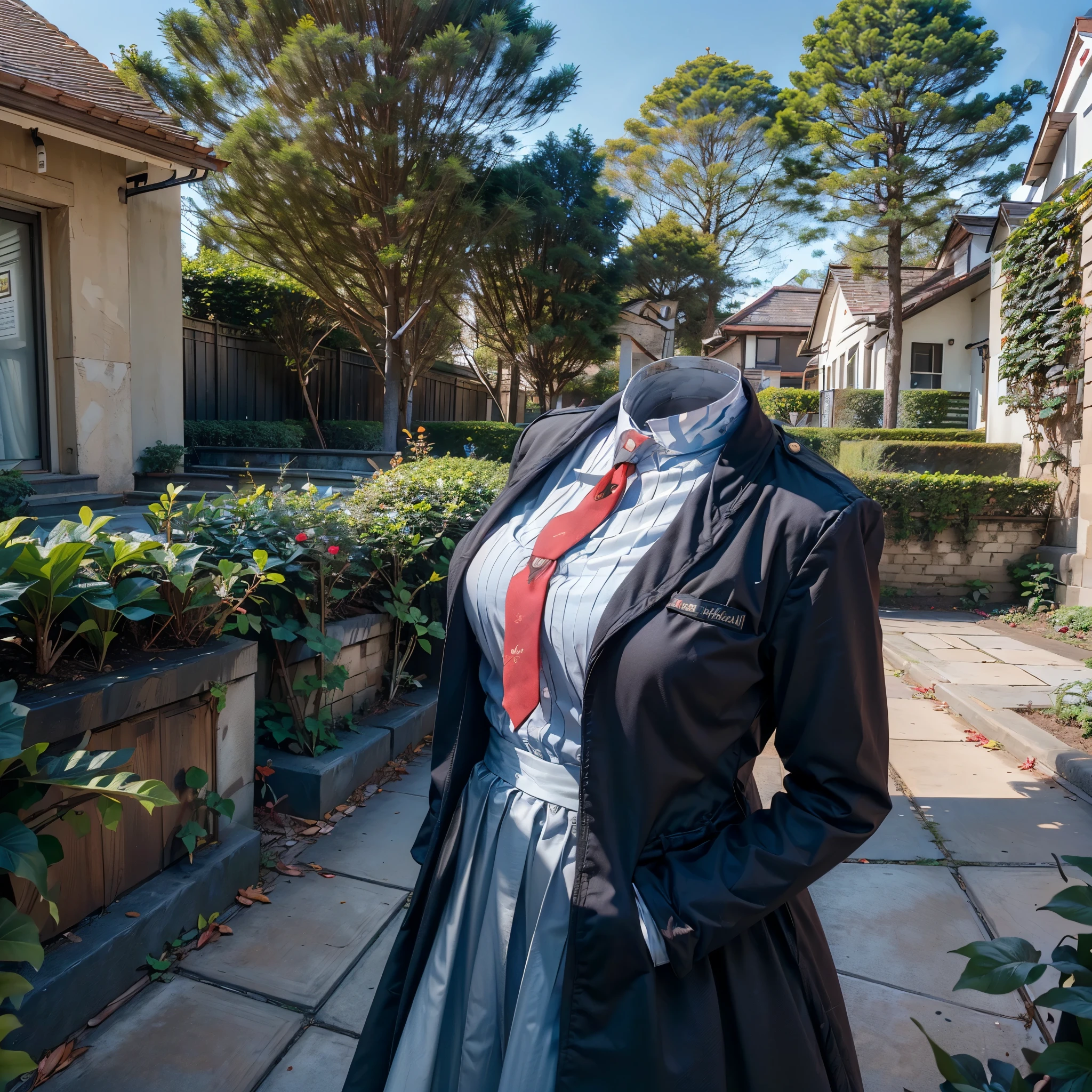(invisible, no humans, headless, handless, faceless:1.5), 1girl, highres, stripe tie, school uniform, black dress, red ribbon, long sleeves, neck ribbon, school jacket, collared dress, in garden, photon mapping, radiosity, ((Hasselblad photography)), physically-based rendering, detailed cloth texture