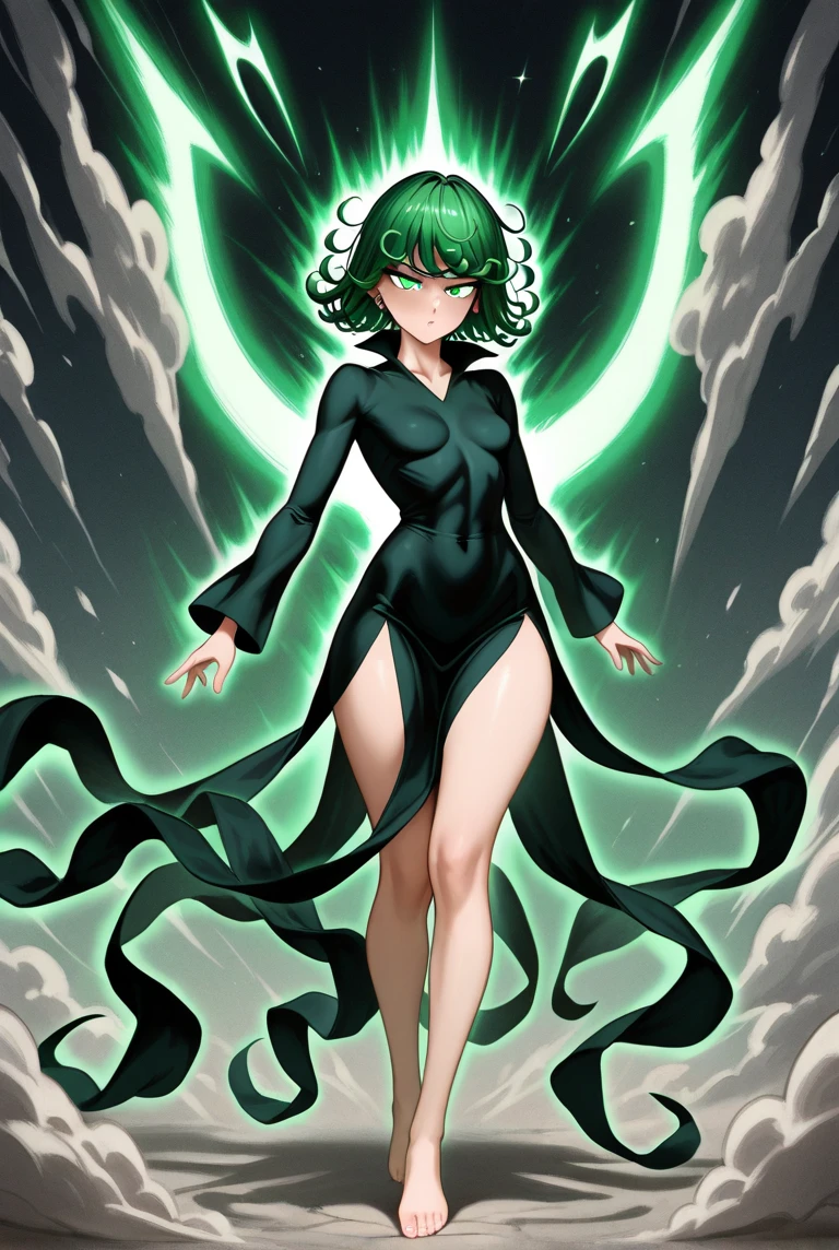 Transparent clothes. Green hair, green hair, green hair. Plump thighs, clamping thighs, hands stretched upwards, face and body facing the audience, slender waist, tornado, flat chest, black skirt, pelvic curtain (tatsumaki: 1.7), girl trasparent black latex dress, long sleeves, thick thighs, Wide hips, green light, pot curtain, green halo, see-through clothing, no, cameltoe, 1girl, Chen Juan, green hair, green eyes, dress, solo, black dress, big breasts, small breasts, thighs, curly hair, belly button covered