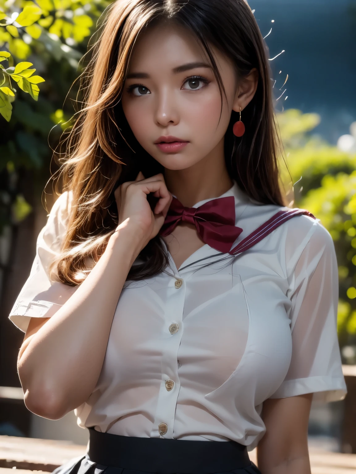 (8k, ultra- high resolution, best quality, masterpiece:1.2), masterpiece, best quality, illustration, more details, Detailed, high resolution, 8k wallpaper, perfect dynamic composition, beautifully detailed eyes , ((( Details When you lift the skirt with both hands, white panties are revealed))), (masterpiece, best quality:1.2), 8k, Official Art, RAW photos in the loop, unbelievably ridiculous , ( upper body, sailor suit, Sera Clothing:1.4), beautiful girl, 18 years old、 cute face, Arched back, Navy Pleated Skirt , close, wet uniform, Short sleeve, Gardenia , violet, 10th Generation, street, viewers, film grain , Color Difference , sharp concentration, face light, dynamic lighting , Cinematic Lights, Detailed Eyes and Faces , Background blur, ( 1 dark red bow tie:1.2)、(Heavy Rain、Dark Skies:1.5)、 one girl、、 Watch viewers、(Big Breasts:1.2)、Soaking wet hair、Wet Face, wet skin、 wet body、Wet costume、flower、 hairpin、 necklace、 earrings、 buffer overflow written 、尖ったRed Mouth、Red Mouth,clavicle、 Beautiful Fingers 、 Please Loosen Your Neckties 、cute Wet Face、 wet clothes that stick to the chest 、Wet and see-through clothes 、 short hair