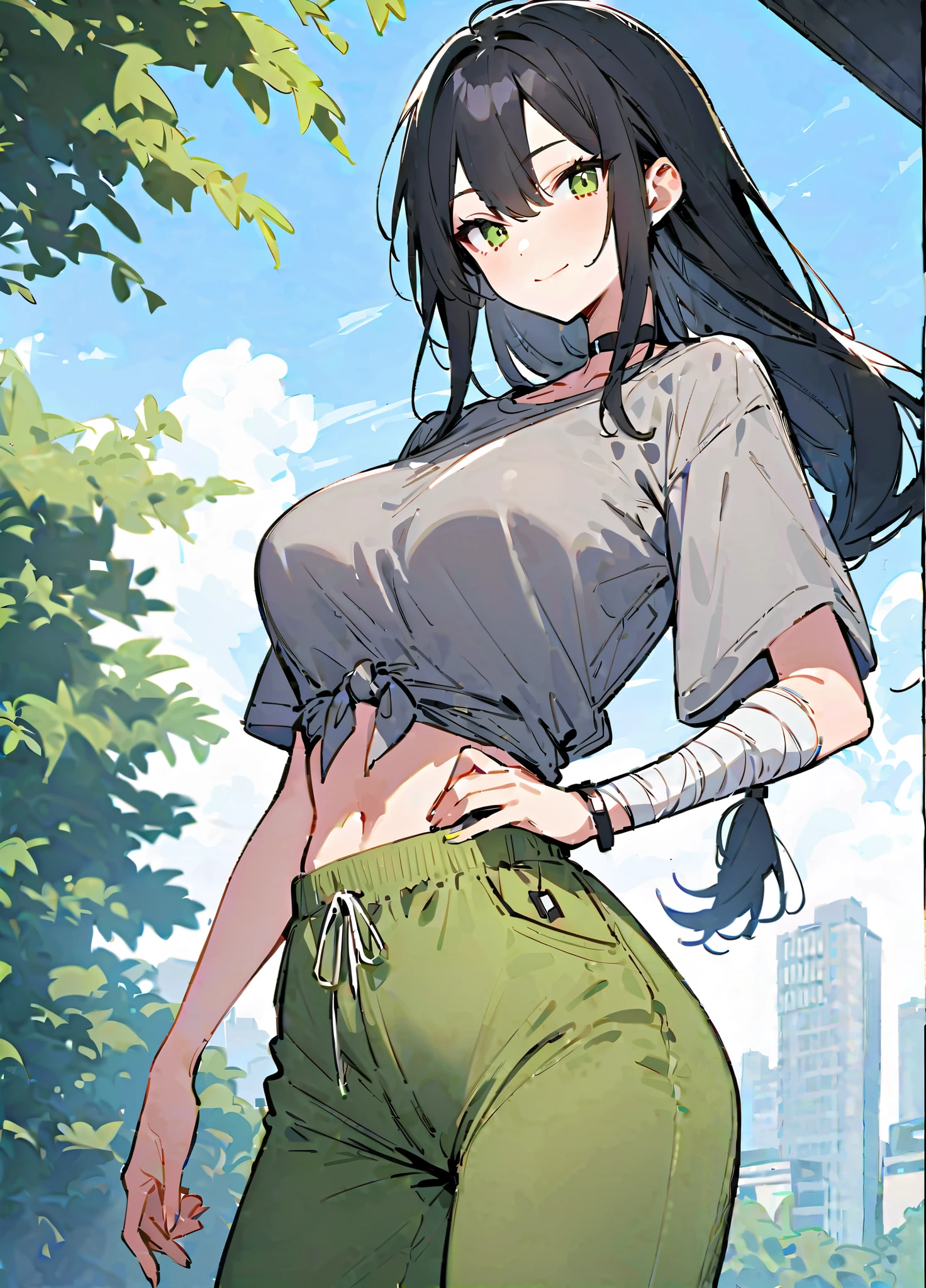 1girll，long whitr hair，sleeveless turtleneck，High-waisted skinny shorts，Black tights，high-heels，huge boob，Huge ，Huge ，Delicate makeup，are standing，staring in the camera，ln the forest，floresta exuberante，The best lighting