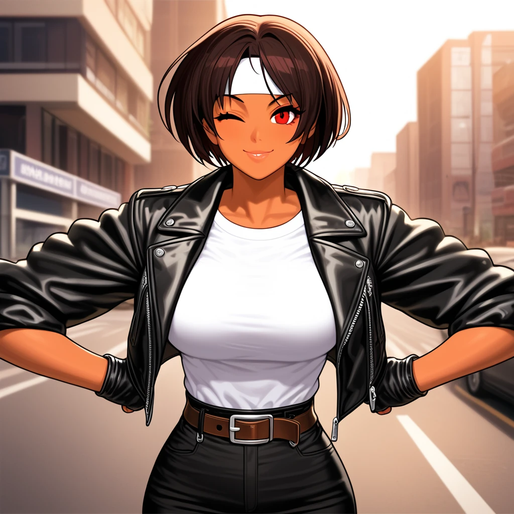 8K, (best quality:1.3), (masterpiece:1.3), (detailed:1.2), ultra high res, colorful, extremely detailed eyes and face, beautiful detailed eyes, 1girl, solo, (26 year old:1.3), (Filipino Woman:1.3), (tanned bronze skin:1.4), (short black hair:1.3), (Amber eyes:1.02), (Detailed face:0.97, (Detailed eyes:1.09), (Mascara:1.02), (Earrings:1.06), (tanned bronze skin:1.08), (Wearing: Opened black jacket, white undershirt, grey pants, belt, hoop earrings, black boots:1.2), (collarbone exposed, cleavage:0.9), (agile physique:1.1), (Character Focus),Perfect Anatomy,(Professional Lighting), (Walking),(super detailed skin), (Parted lips:1.1),(Glossy lips),(lip stick), She's looking at the camera with a carefree smile