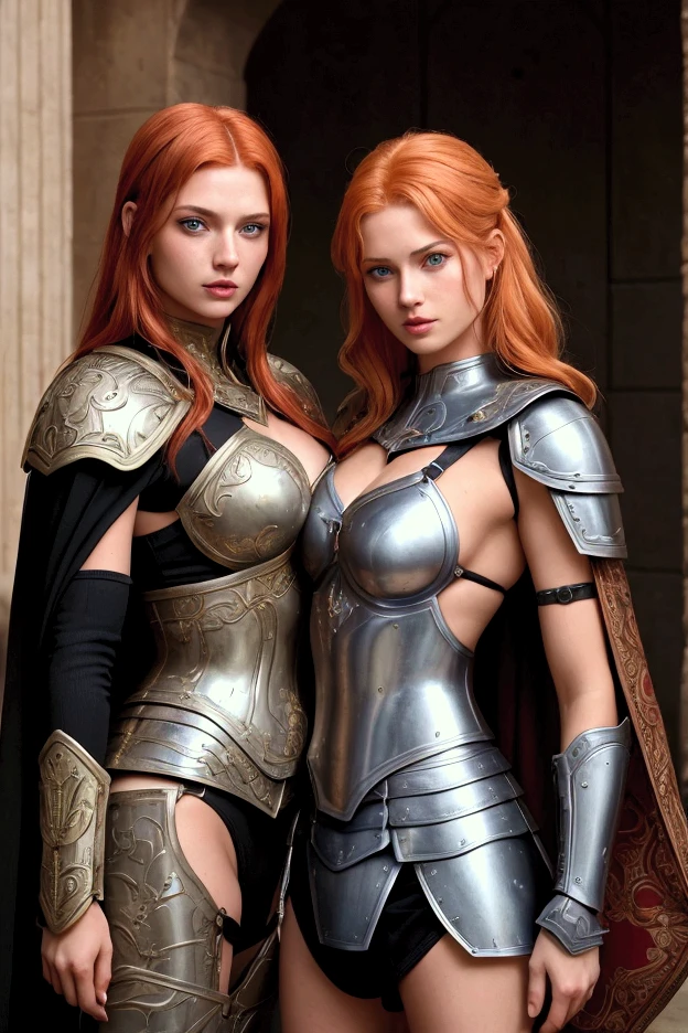 Create a young redhead woman, blue eyes with Roman Empire armor and also creates his younger sister with a different hairstyle with Roman Empire armor