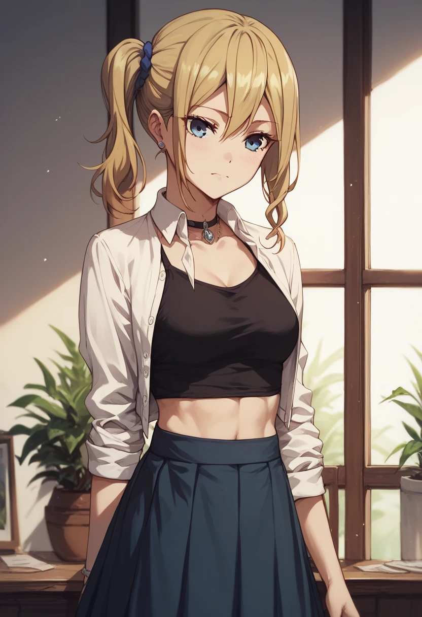 1girl, masterpiece, best quality, medium full shot, blonde ponytail, ((buttoned shirt, necklace, earrings, sexy body, thighs)), angry, busty, pantyhose, skirt, (torn clothes:1.4)