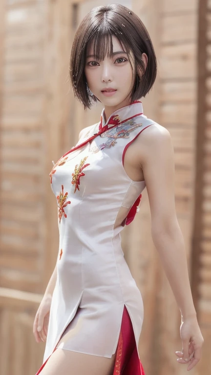 ((NSFW)),(masterpiece:1.2, highest quality), (Realistic, photoRealistic:1.4), Beautiful illustrations, (Natural Side Lighting, Cinema Lighting), Depth of written boundary,
View your viewers, Face Focus, Upper Body, 1 girl, Japanese, high school girl, Perfect Face, Cute and symmetrical face, Shiny skin,
(short hair:1.5, Double good, Brown Hair), Asymmetrical bangs, Brown eyes, Long Eyelashes, (Medium chest), thin,
Beautiful Hair, Beautiful Face, Beautiful fine details, Beautiful clavicle, Beautiful body, Beautiful breasts, Beautiful thighs, Beautiful feet, Beautiful fingers,
((Detailed cloth texture, Sleeveless Red Micro Mini Cheongsam, Slit at waist)), White lace panties,The hem of her skirt is blown up by the wind, revealing her panties,
(Beautiful views), evening, walking, (Smile, Upward glance),