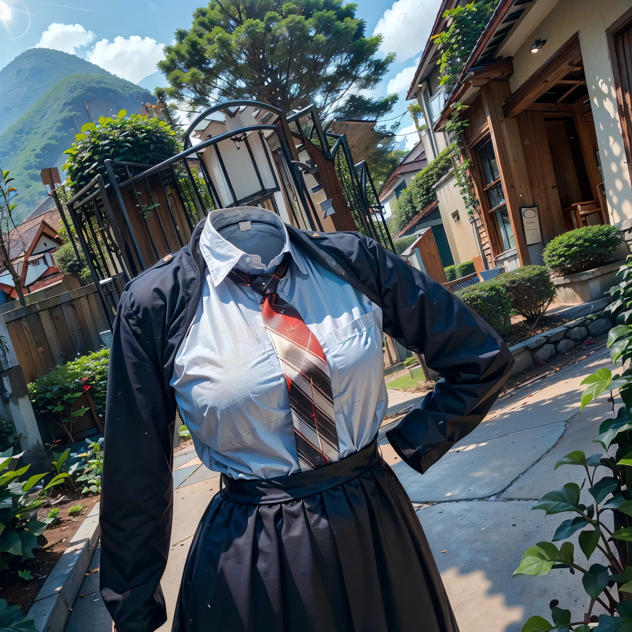 (invisible, no humans, headless, handless, faceless:1.5), 1girl, highres, stripe tie, school uniform, black dress, red ribbon, long sleeves, neck ribbon, school jacket, collared dress, in garden, photon mapping, radiosity, ((Hasselblad photography)), physically-based rendering, detailed cloth texture, arched back