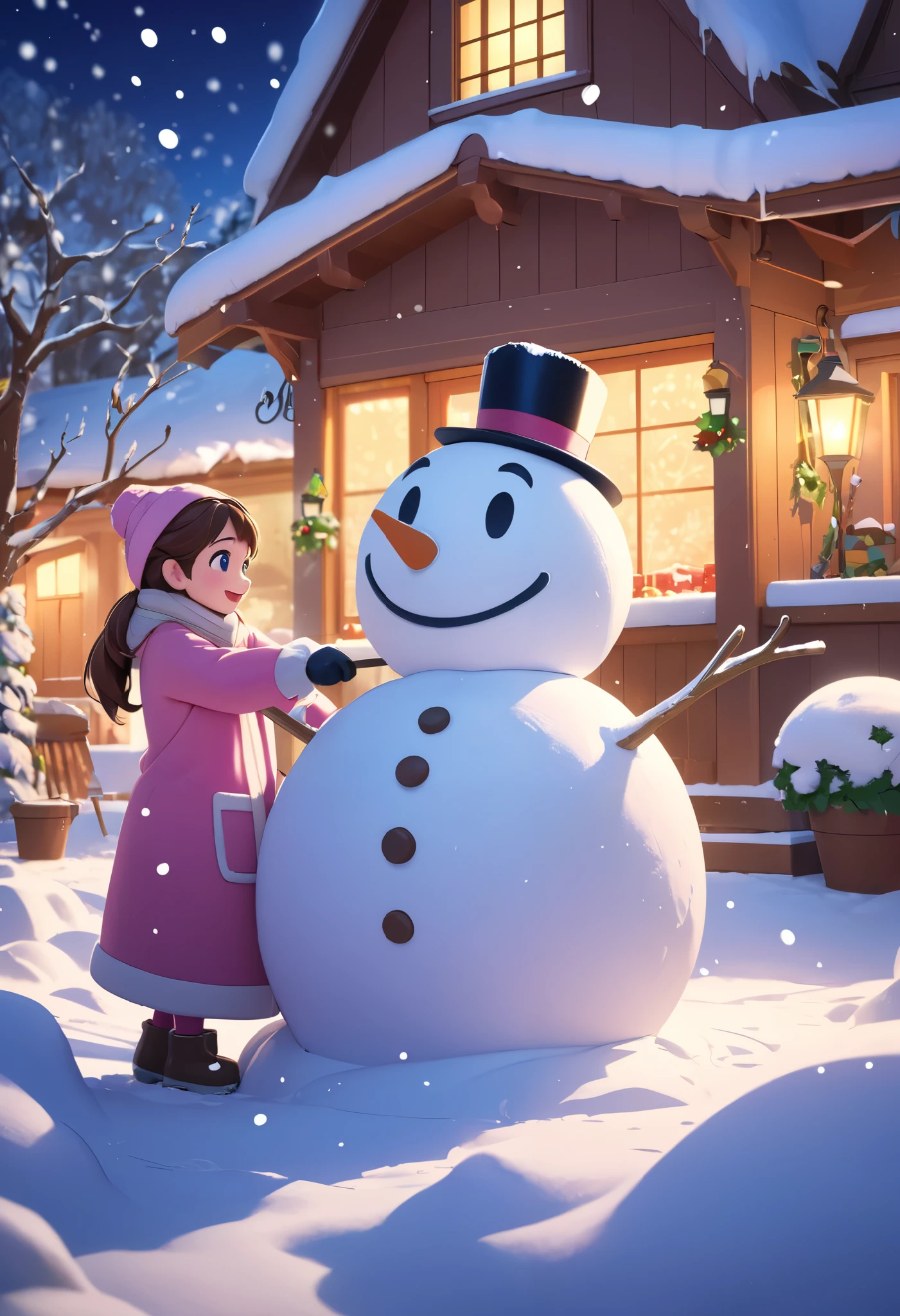 A girl is happily sculpting a big snowman with a bucket on his head, in winter season, thick snow, colorful like a dream, in pink, Disney animation style, Disney animation movie style, ,,(((the best quality))), (((the masterpiece)),expanded dynamic viewing angle, ,falling snow, backyard, luminous effect, super detailed, masterworks, high quality, 8K image, depth of field, super fine images, epic shooting, high quality, super detailed