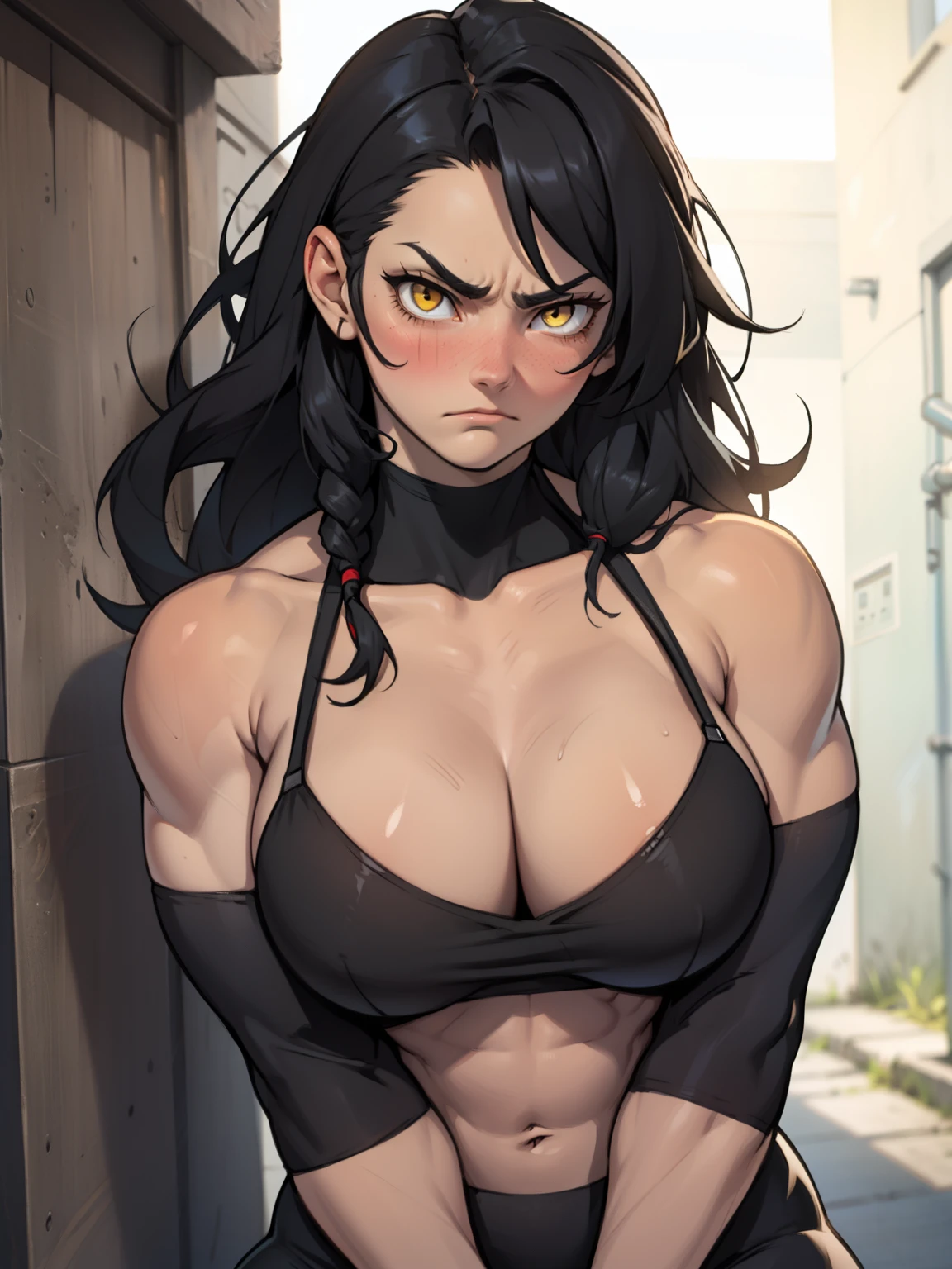 (((muscular girl toned body massive breasts))) yellow eyes black hair between eyes pale skin sweaty massive hair messy hair