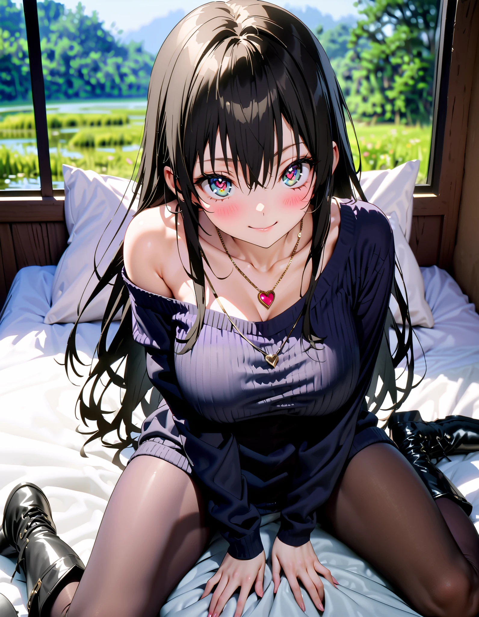 Yuikotegawa, Yui Kotegawa , black hair, brown eyes, long hair,Big Breasts,Glasses,smile,blush, legs , squint, smirking , heart shaped necklace , Off Shoulder Sweater,rib tights , black pantyhose , boots, wetland, bed, pillow, tell a lie, Aside, lying down,whole bodyがイラストに入るように,
break looking at viewer,whole body,
break indoors,bedroom,
break (masterpiece:1.2), best quality, high resolution, Unity 8K Wallpaper, (figure:0.8), ( precise and beautiful eyes:1.6), Highly Detailed Face , perfect lighting, very precise CG, ( perfect hand, perfect anatomy),