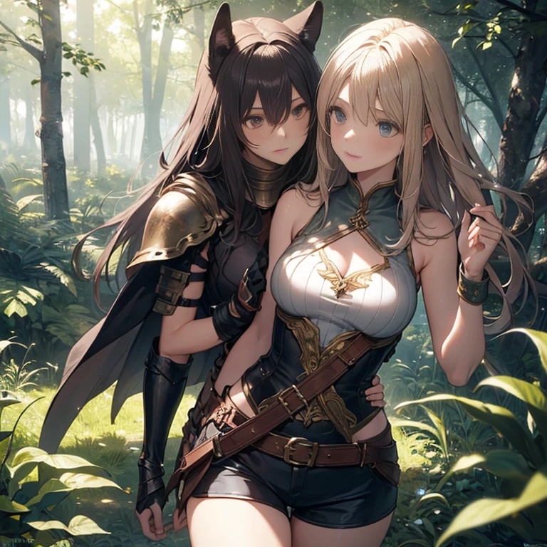 (masterpiece), (best quality:1.4), (perfect anatomy:1.4), high quality, expressive eyes, full body, tall girl, detailed face, beautiful face, perfect face, detailed ((blonde hair)), (green hair), {{pale skin}}, chimera, large breasts, thick thighs, very long hair, bare shoulders, denim, (short shorts), dynamic lighting, high resolution, 4k resolution, dynamic pose, silver jewelry, {fantasy background}, choker, animal ears, cat ears, ((lion ears)), {{snake head tail}}, snake tail, (tail), ((multicolored hair)), thigh-highs, horns, goat horns, dragon horns, curvy, ((monster girl)), heterochromia, red eyes, icy blue eyes, feathered wings, claws, thigh gap, white shirt, brown leather jacket, cowboy hat, midriff, animal hands,