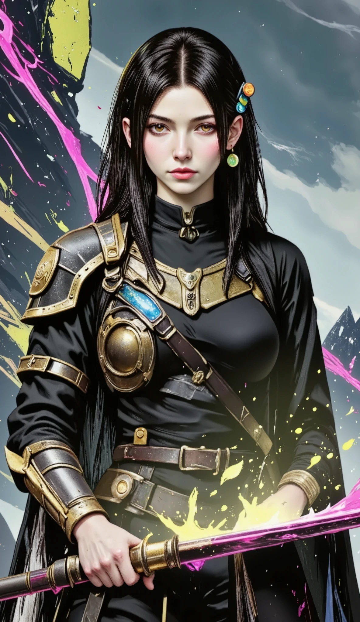 ((  full body, Wide shot:1.5)), A majestic, imposing ,  Female magic warrior  ,  war posture  , ,  detailed face ,  beautiful eyes , Intricate Armor,  glowing magical energy  ,  cinematic lighting , dramatic colors,  fantasy landscape,  epic scale , (  best quality skirt , 8K,  hyper detailed , fotorrealistic:1.4),  masterpiece of the body , by a concept artist perfecta, (  best quality skirt ,4k,8K, alta resolución ,  masterpiece of the body :1.2),  ultra Detailed  ,(realistic,photorealistic,photo-realistic:1.37), very  detailed face ,  facial features ,textura de piel hiperrealistic,  Extremely fine details  ,  intricate details,  Detailed eyes, Detailed nose ,  detailed lips,  Detailed facial expressions  ,Intricate facial anatomy,  intense lighting, Dramatic lighting,change of lighting,  cinematic lighting , Chiaroscuro ,  dramatic shadows  ,dramatic moments,  bright colors  ,intense colors,Deep contrast,  cinematic depth of field  ,  cinematographic composition  , Cinematic camera angle waiting to start