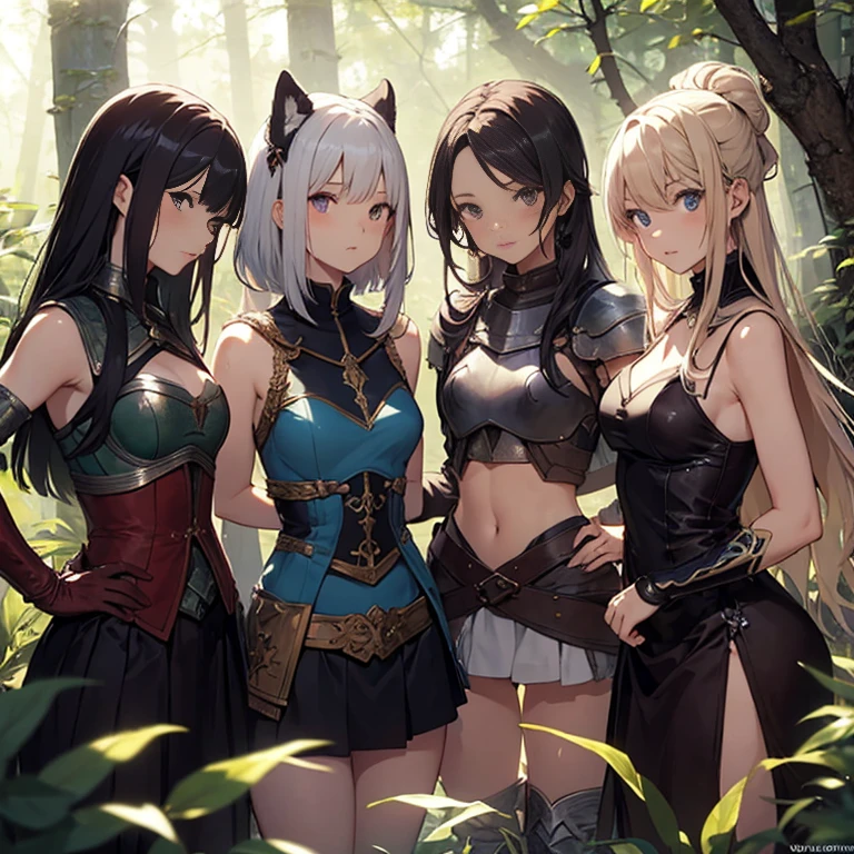 A group of priestess, (in forest), various hair styles, harem, wearing ceremonial clothes, night, details face, beautiful legs, sleeveless, seducing,