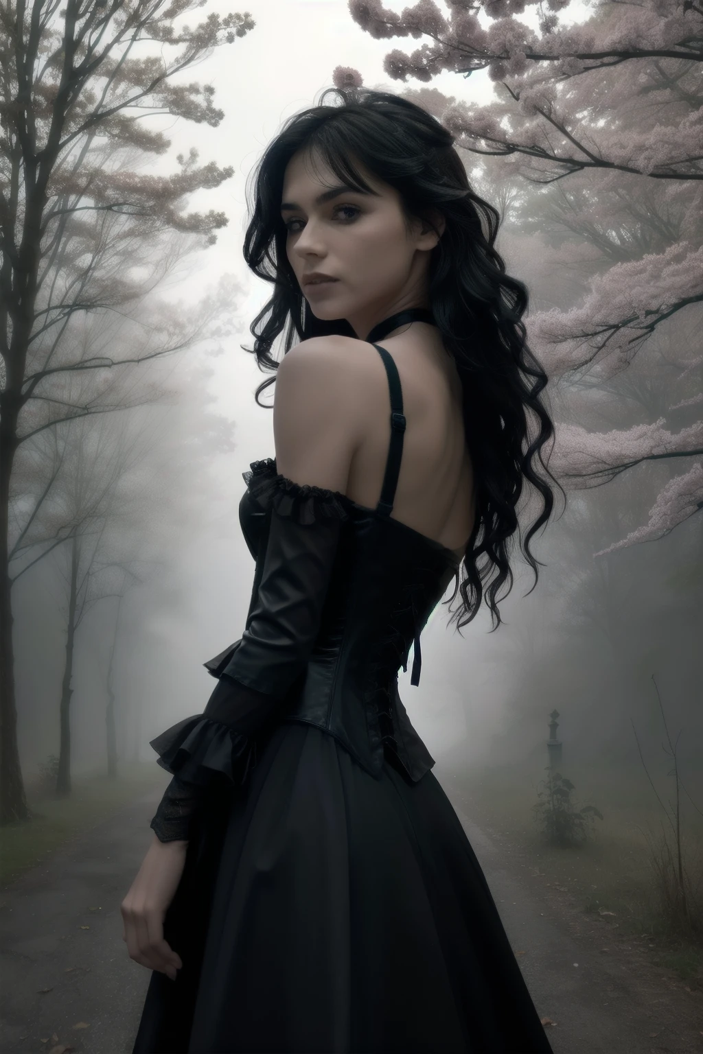 Award-winning color photograph of a Victorian vampire... cherrynobodysd15+ in a black dress , leather corset, bare chest, Dark Mist Village , Night, sinister, Gloomy hunch , fog, moonbeams, bright, alluring eyes, pale skin, ( black hair)+, shallow depth of field , high contrast , backlight , blossom, chromatic aberration , smooth, clear focus , Shot with a mirrorless camera