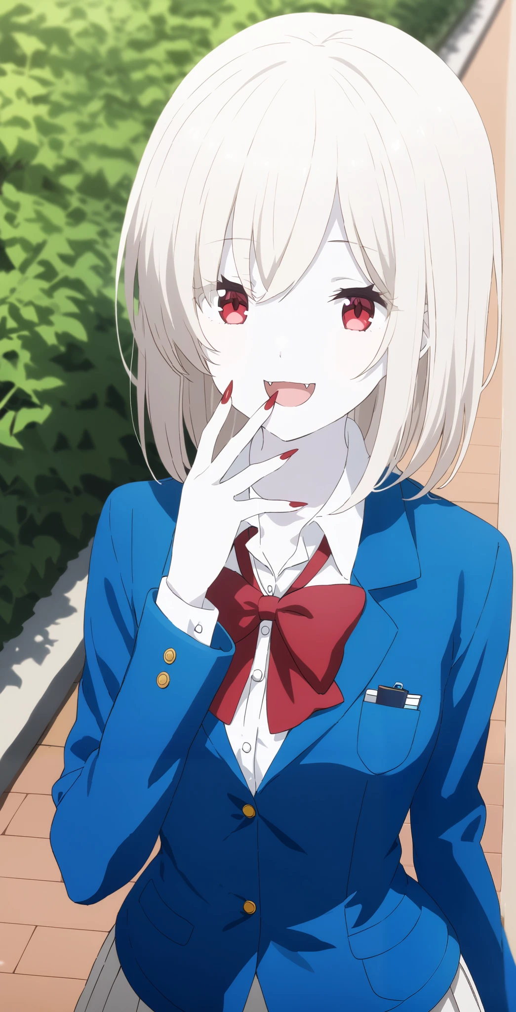 score_9, score_8_ up, score_7_ up, source_Anime, high definition , Anna, 1 girl, Alone, school uniform , red eyes, jacket , shirt, bow, white shirt, blue jacket , collared shirt, blazer, red bow, medium hair , bowtie, bangs, Pure white hair, skirt , upper body, pure white and pale skin, has sharp fangs growing outdoors ,surprised face,全身 pure white and pale skin, pure white hair,Red nails,Extremely sharp nails ,,vampire,vampire化小早川杏奈,Fingers5Books, covers her mouth ,pure white and pale hair,Both eyes are closed,smile, pure white hair, pure white and pale skin