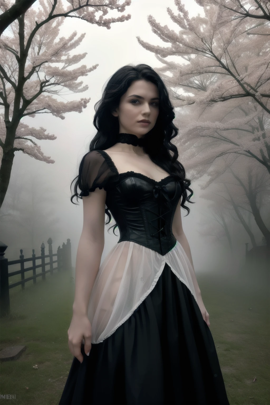 Award-winning color photo of a Victorian vampire... cherrynobodysd15+ in a black dress , leather corset, bare chest, Dark Mist Village , Night, sinister, Gloomy hunch , fog, moonbeams, bright, alluring eyes, pale skin, ( black hair)+, shallow depth of field , high contrast , backlight , blossom, chromatic aberration , smooth, clear focus , Shot with a mirrorless camera