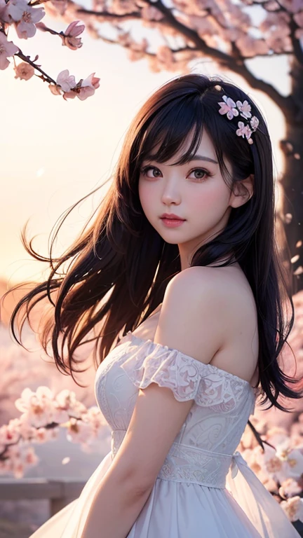 (A logo、masterpiece、8K、masutepiece、Raw photo、Fantastic、Best Quality、フォトリアリスティックでighly detailedな CG 統合 8k 壁紙、hightquality、ighly detailed、epic poem、Particle effect、Dynamic effects、depth of fields、Cinematic Light、Lens Flare、Ray tracing)、Fantasia、 (Beauty 1 person、doress、Dress、Cherry blossom pattern、A dark-haired、Beautiful face、Real Face、beautiful details eyes beautiful skin)、髪がthe windで踊る、Hair flutters in the wind、Hair jumps、Pink cherry blossom tree、Petals flutter、Sakura blizzard、Superb view、morning glow、Sun in the background、the wind、
