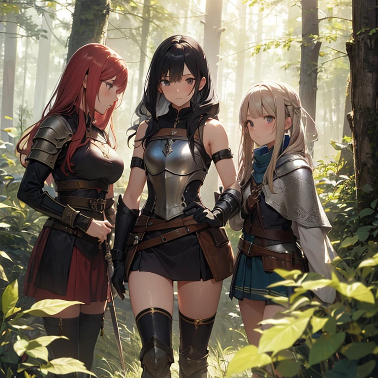Full body shot from head to feet, two female characters from Xenoblade Chronicles. Pyra attacking Mythra with short sword, while Mythra defending with short sword, but wounded and defeated, in pain expression. Both characters have long hairstyle, wear short sleeveless dress with long gloves. Both characters wears short skirt is also a prominent feature of their attire, complemented by black thigh highs stockings. The background set in a deep forest, with simple effect.