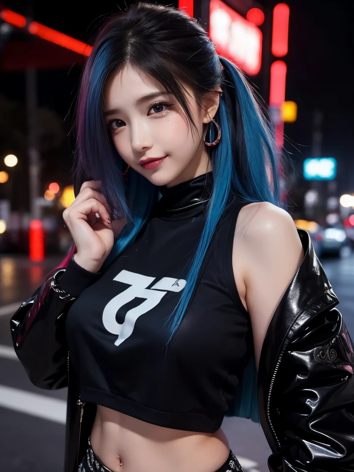 (( one girl )), girl in fashionable streetwear , neo tokyo, center| rolling| Trend-savvy | Breathtakingly Beautiful | precise lineart| vibrant| Comprehensive cinematic | Carne Griffiths | Connor Rosette , 8k, Cinematic Lights , rain, best quality , high resolution, blue sky, ( Most beautiful portrait in the world :1.5),( tattoo),((Hair color in random poses )),((smirk grin)),( sexy),(( Glossy Skin)), angle, Big Earrings ,belly button