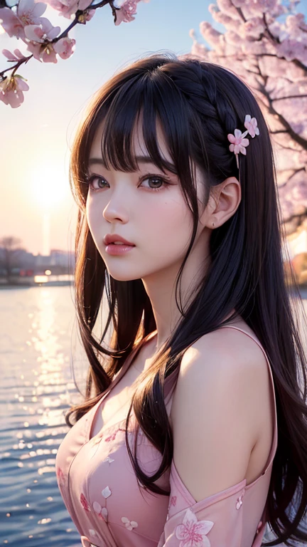 (A logo、masterpiece、8K、masutepiece、Raw photo、Fantastic、Best Quality、Photorealistic and ighly detailed CG integrated 8k wallpaper、hightquality、ighly detailed、epic poem、Particle effect、Dynamic effects、depth of fields、Cinematic Light、Lens Flare、Ray tracing)、Fantasia、 (Beauty 1 person、doress、Dress、Cherry blossom pattern、A dark-haired、Beautiful face、Real Face、beautiful details eyes beautiful skin)、my hair dances in the wind、Hair flutters in the wind、Hair jumps、Pink cherry blossom tree、Petals flutter、Sakura blizzard、Superb view、morning glow、Sun in the background、the wind、