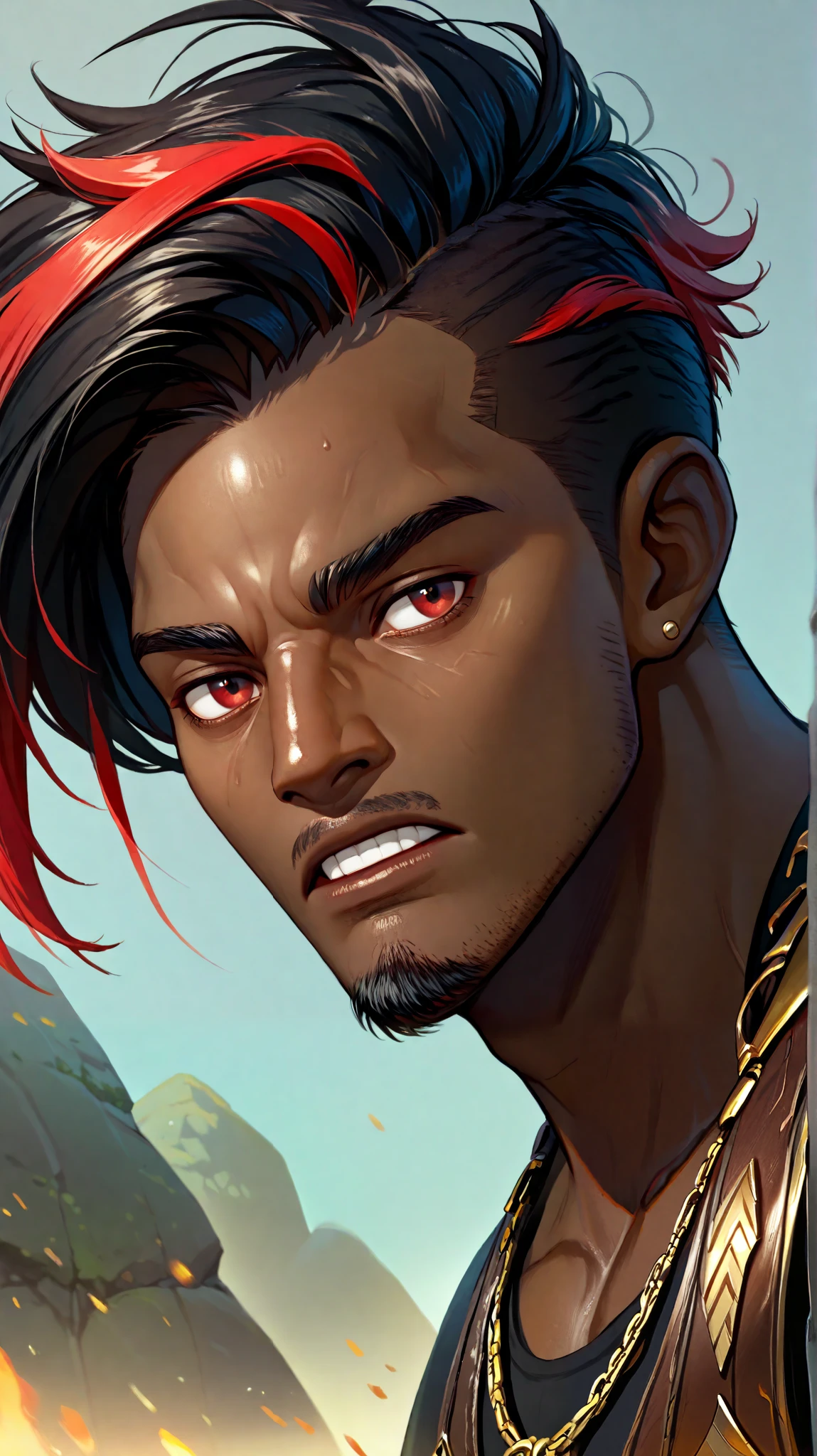 Create a dark-skinned African black man, With short black dread hair with red highlights, with goatee, with blood red eyes , bronze armor with gold and diamond details black stones in, fighting a man with a monstrous goat's head