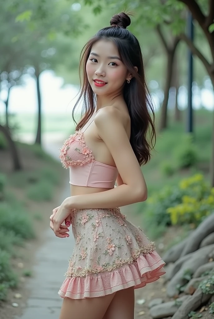 Asian woman, White skin, beautiful, Wear a short skirt, Look at underwear