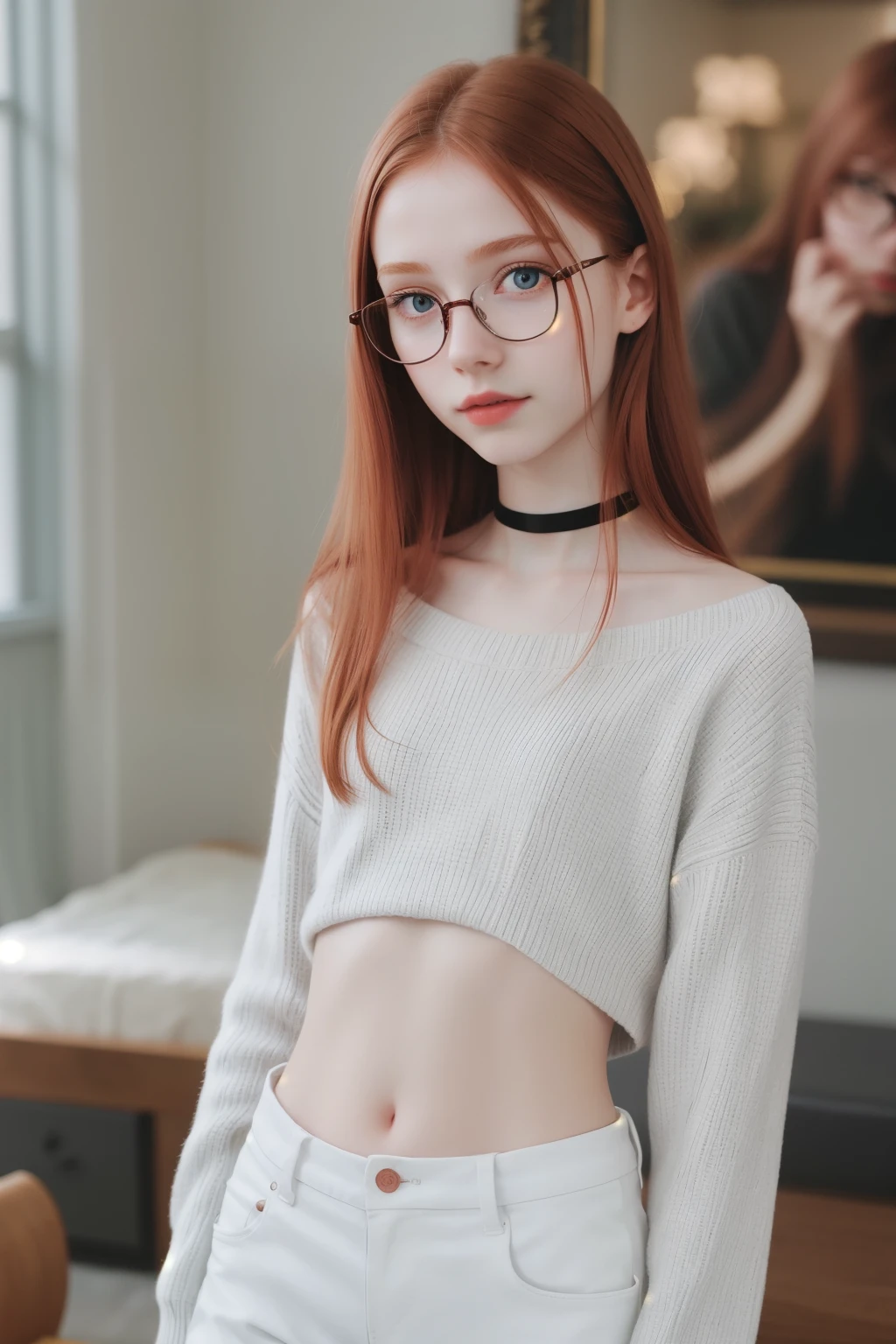 raw photo,full body shot, full view,(yo skinny redhead girl:1.2), ((flat chested)), (long thin legs), cheek dimples, blushing, graphic eyeliner, rouge, (lipstick:0.6), (choker:0.9), pale skin, detailed skin, realistic skin texture, oversize knit sweater, (red:0.8), black leggings, glasses, softcore, warm lighting, cosy atmosphere, instagram style, nsfw , naive, shy, short, thin, fit, beautiful, cute