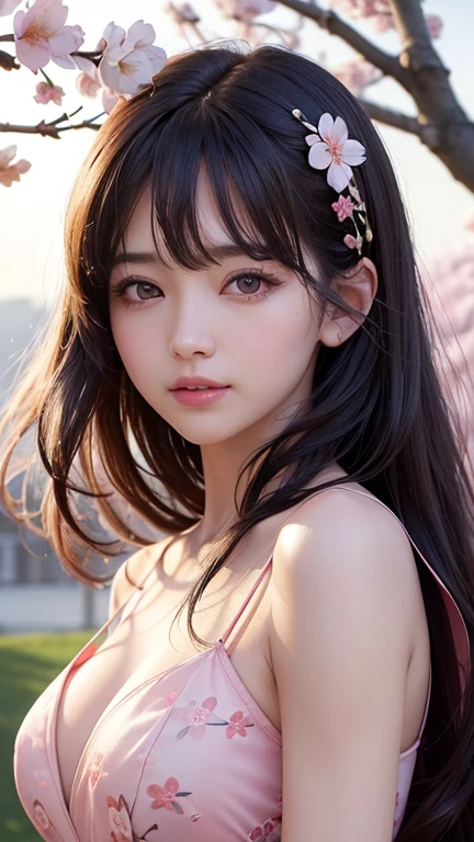(A logo、masterpiece、8K、masutepiece、Raw photo、Fantastic、Best Quality、Photorealistic and ighly detailed CG integrated 8k wallpaper、hightquality、ighly detailed、epic poem、Particle effect、Dynamic effects、depth of fields、Cinematic Light、Lens Flare、Ray tracing)、Fantasia、 (Beauty 1 person、doress、Dress、Cherry blossom pattern、A dark-haired、Beautiful face、Real Face、beautiful details eyes beautiful skin)、my hair dances in the wind、Hair flutters in the wind、Hair jumps、Pink cherry blossom tree、Petals flutter、Sakura blizzard、Superb view、morning glow、Sun in the background、the wind、