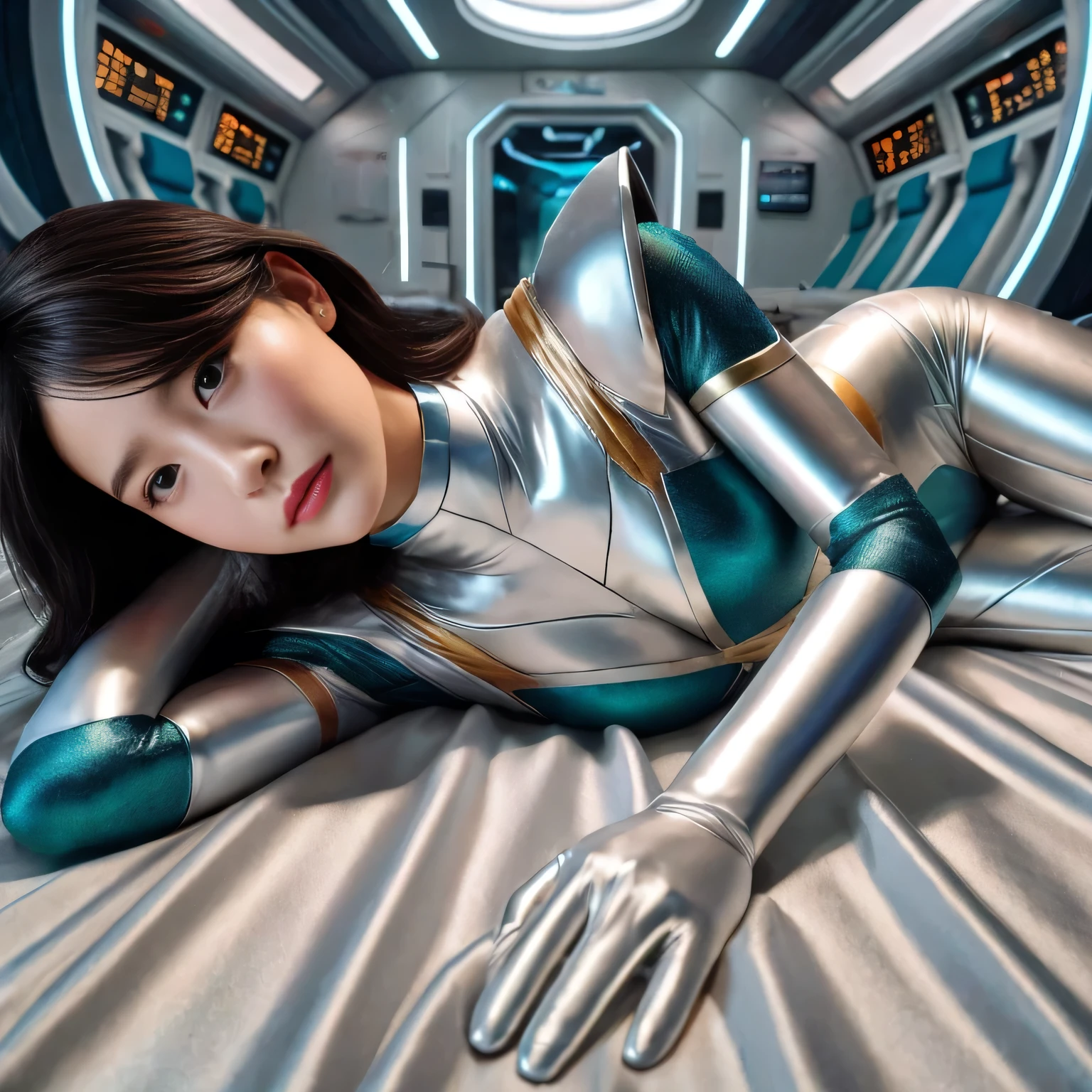 Realistic satin fabric texture、Costume made of stretch satin fabric that is smooth to the touch、The drape of the curved part of the satin fabric、Strong luster of costume、costume quality、8K photo quality、Costume made of high-quality satin fabric with high density、Super-class battle leather cloak with a smooth texture、Super Sentai Women's Heroine Suit、Super-class battleship shiny costumes、Texture of costumes that satin fetishists respond to、Thin, glossy stretch satin fabric、High-definition skin texture that allows you to see pores、Korean beauty、The most beautiful KPOP star、face、Horny Meiku、Horny and erotic expression、A body that makes you want to touch it、Erotic photos