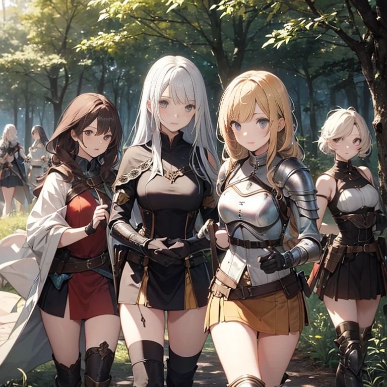 A group of  female knight, (in forest), various hair styles, harem, wearing armored clothes, metal armor, night, details face, , short skirt, seducing, sword, showing armpits, sleeveless, midriff 