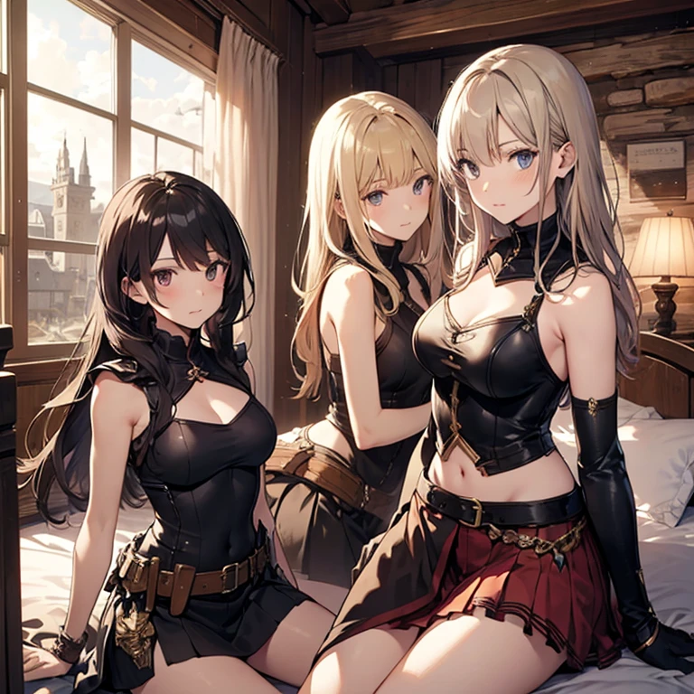 absurdres, best quality, masterpiece, 3girls, linked collar