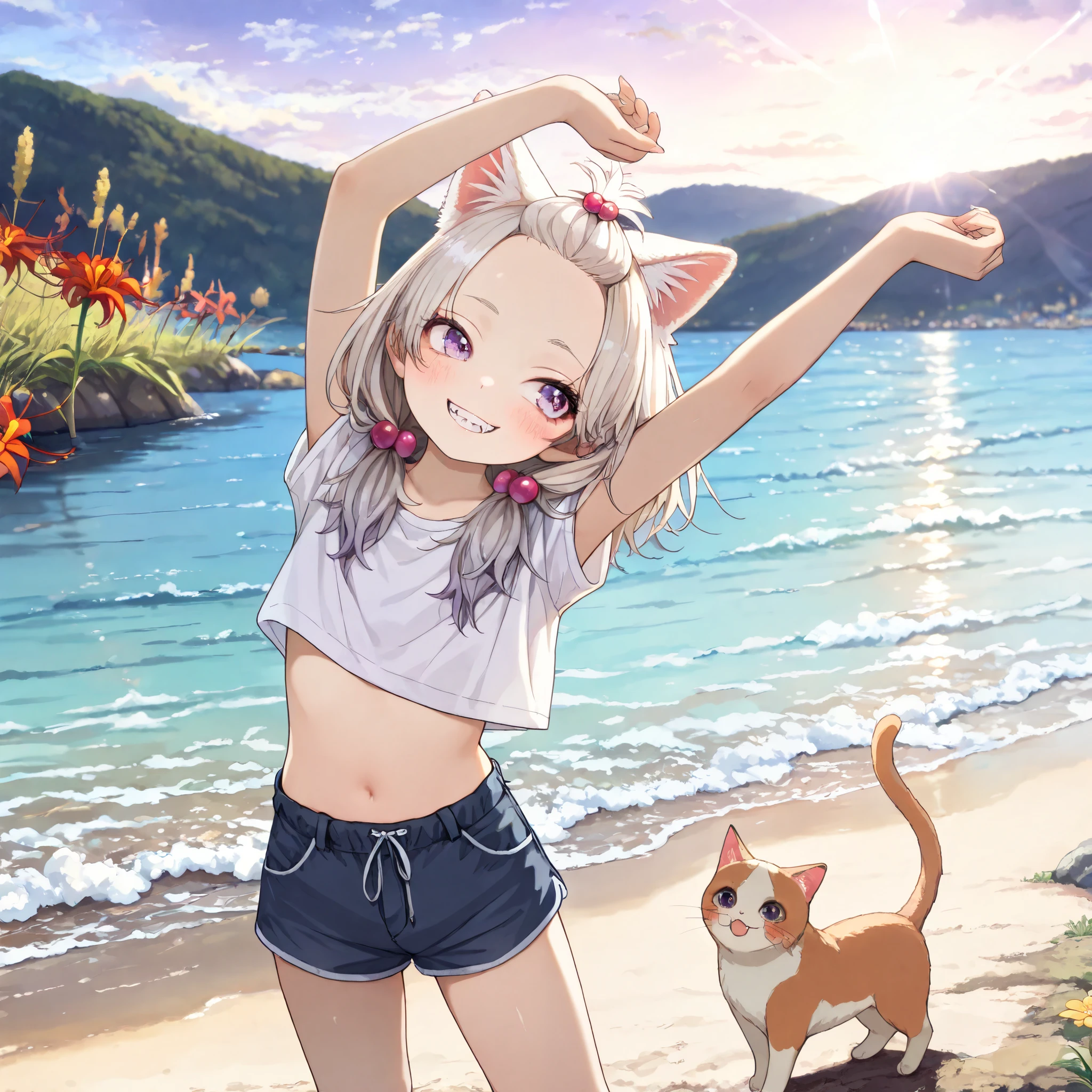 ((Masterpiece)), ((best quality)), (wide shot), (8K), (detailed background:1.2), (ultra-detailed:1.2),(High Definition:1.3), (Professional Photography:1.2), (very aesthetic:1.2), (absurdres:1.2), (sharp focus), (scenery), ((1girl)), cute young girl, ((platinum-gold hair)), Textured skin, (cropped shirt, bare arms, pure white shirt), cute navel, (short shorts, Navy blue shorts), (Healthy Gaunt body), small chest, (messy medium hair, low twintail), (bangs pinned back, cute forehead, heart ornament hair bobbles), long side bangs, gradient hair, pink color Hair Tip, beautiful collarbones, (tilt head), BREAK ((grin, blush, sharp fangs)), Thin and short eyebrows, ((aegyo sal)), (cute cheeks), glossy lips, pouty lips, (lower eyelashes), (put on cat ears), ((pale purple eyes, gradient eyes, looking at side)), (stretch out both arms and hands, stretch arms up), contrapposto, legs apart, ((outdoor the Gentle hill)), Blooming Amaryllis, blossaming Amaryllis, intense sunlight,