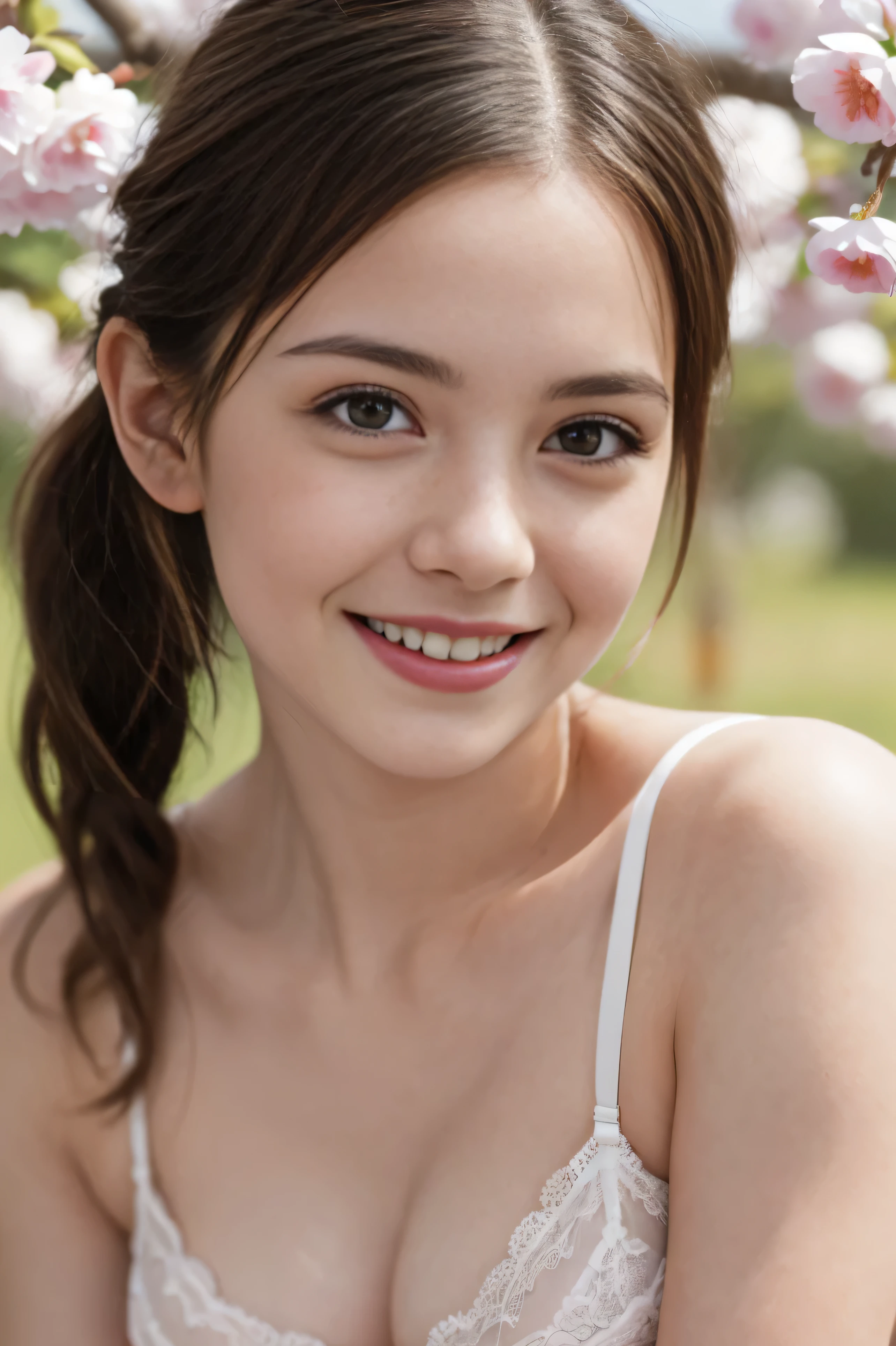 Masterpiece, Best quality, 8k, 18 ans, Photo brute, absurdes, Award-winning portrait, sourire, sourire, pure, french,spring, orchard in bloom, famous singer, cute, fit, healthy, lovely, posing, pony tail, lingerie, sexy pose, happy smile
